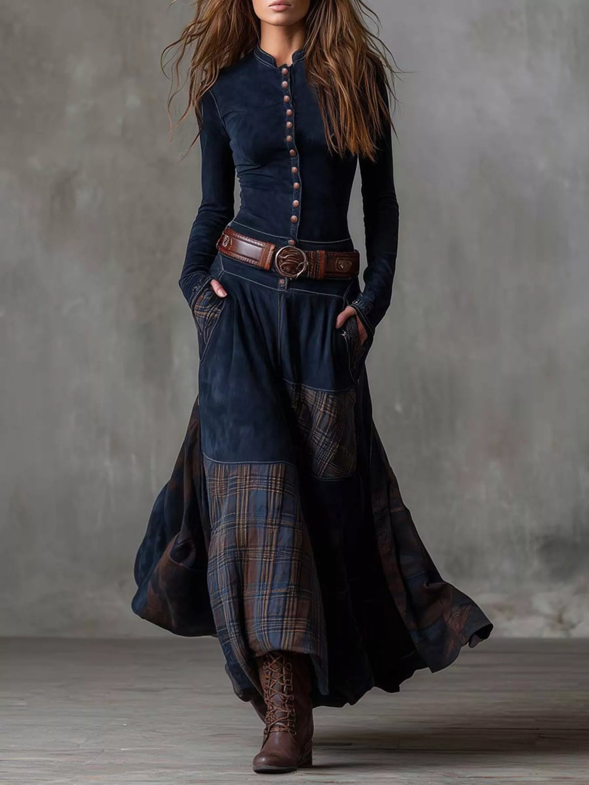 Full Size Button Front Plaid Patchwork Maxi Dress Plus Size - Lilixa.store