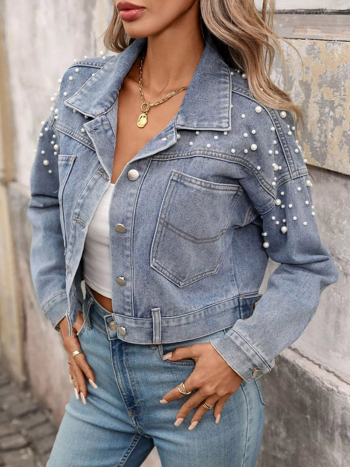 Pearl Embellished Cropped Denim Jacket in Light Blue