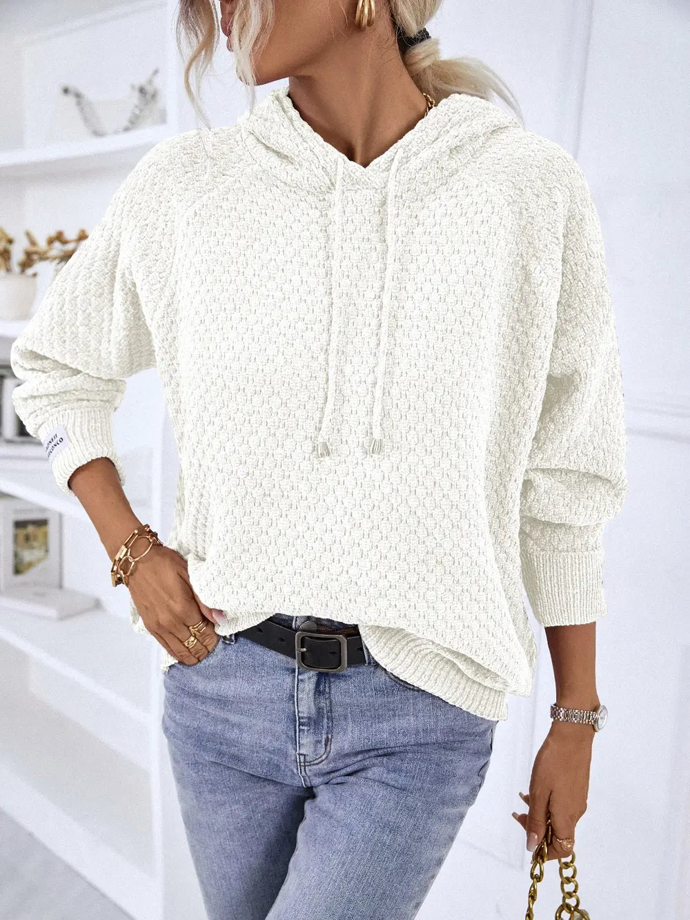 Texture Drawstring Long Sleeve Hooded Sweater in White
