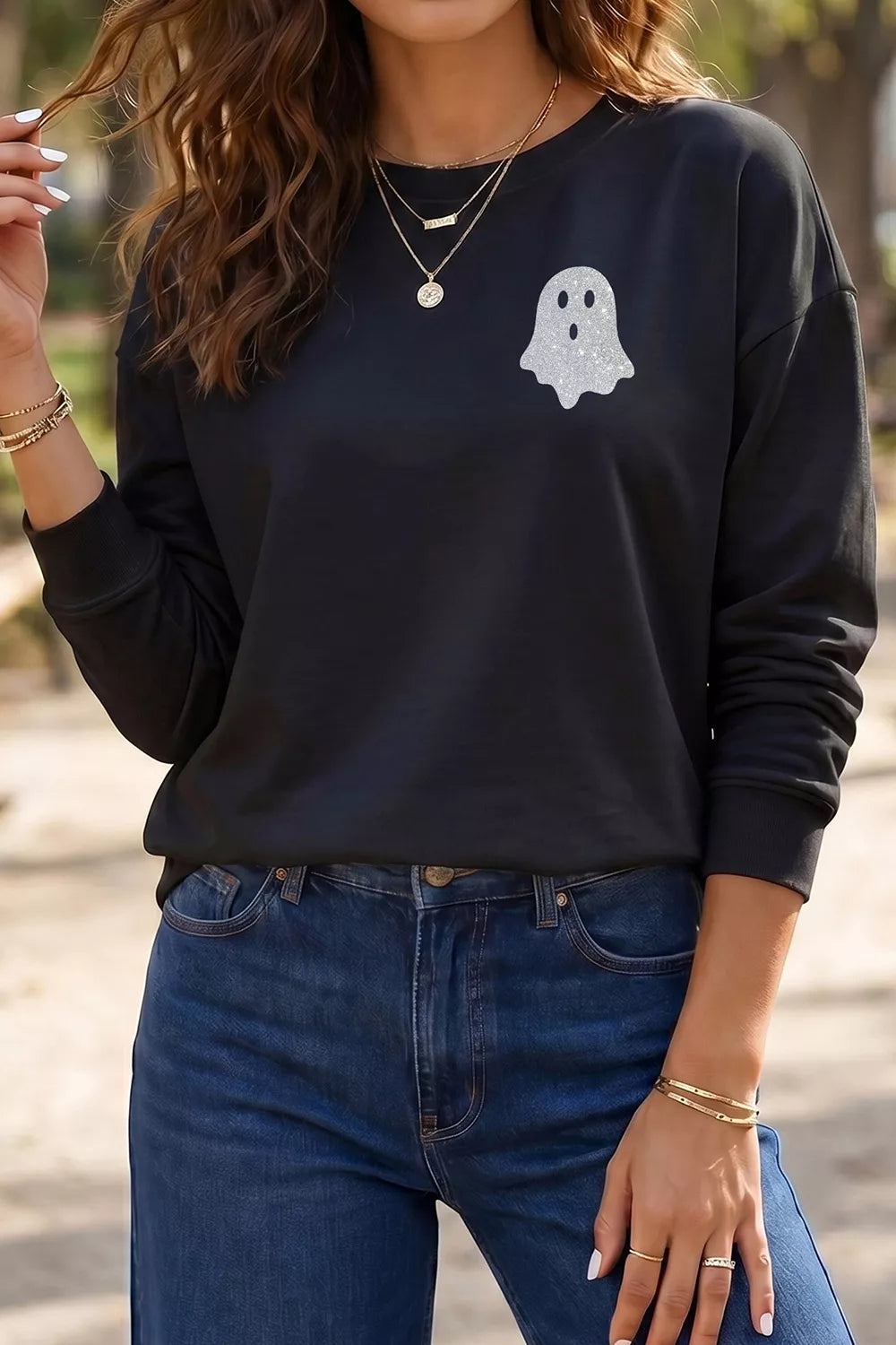 Round Neck Ghost Print Regular Fit Graphic Long Sleeve T-Shirt - Lilixa.store