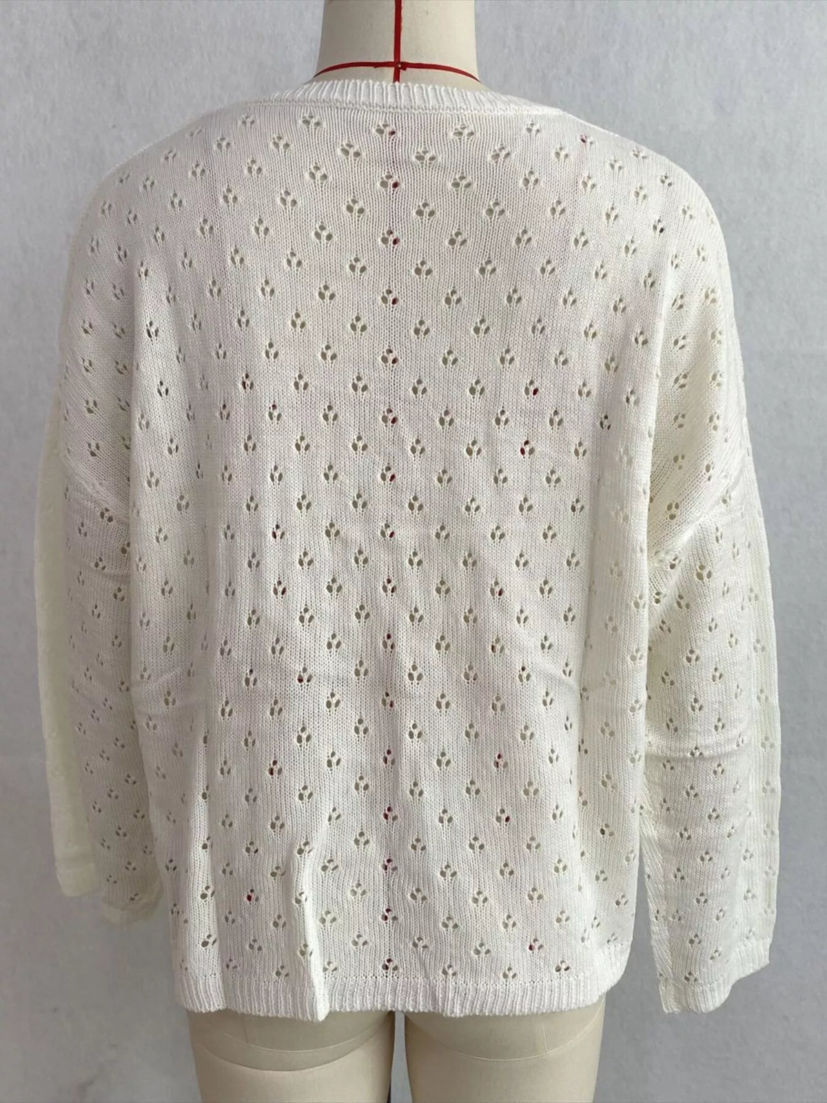 Pointelle Button-Front Round Neck Knit Top, view 6