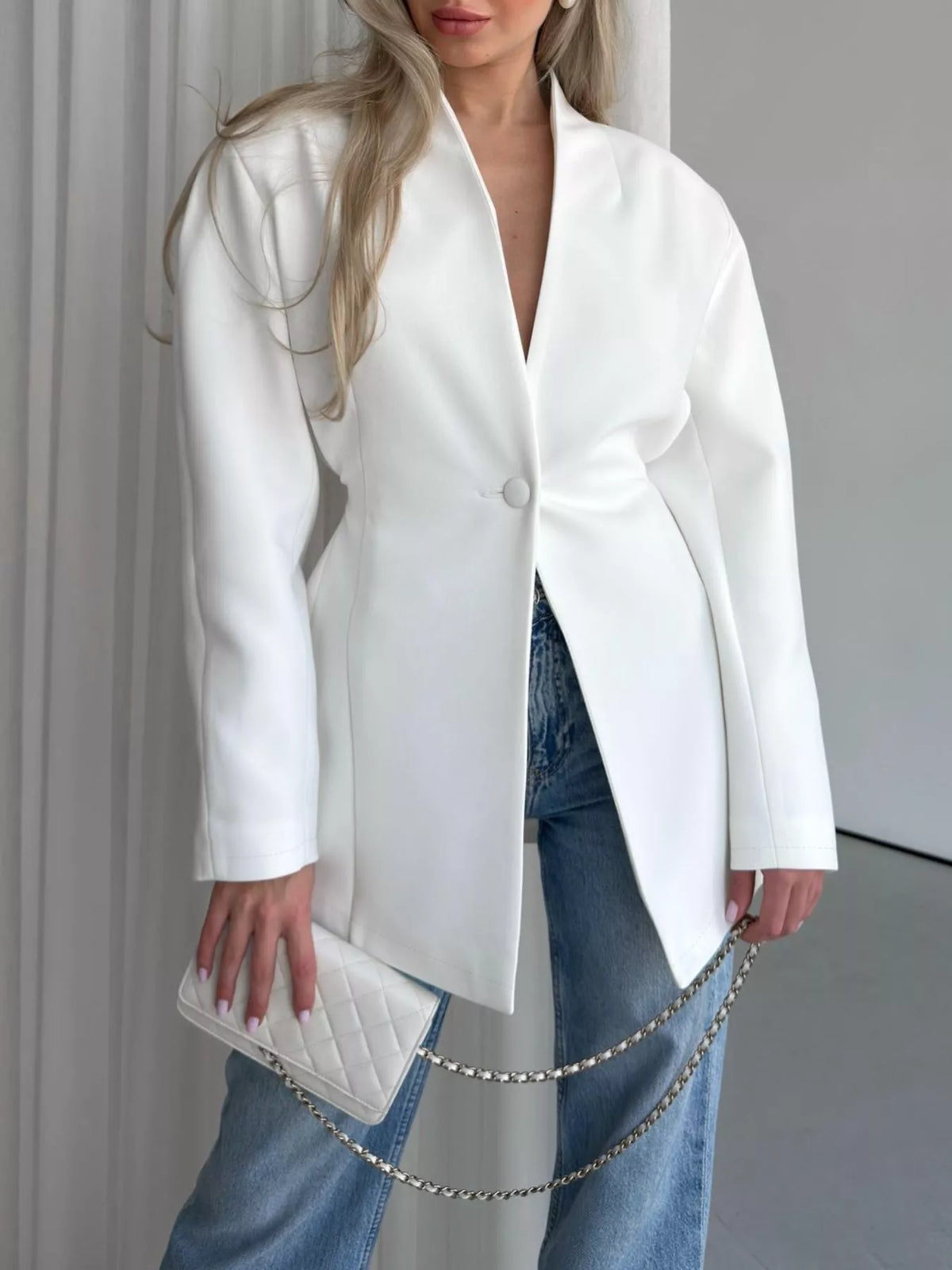 One Button Long Sleeve Blazer - Lilixa.store