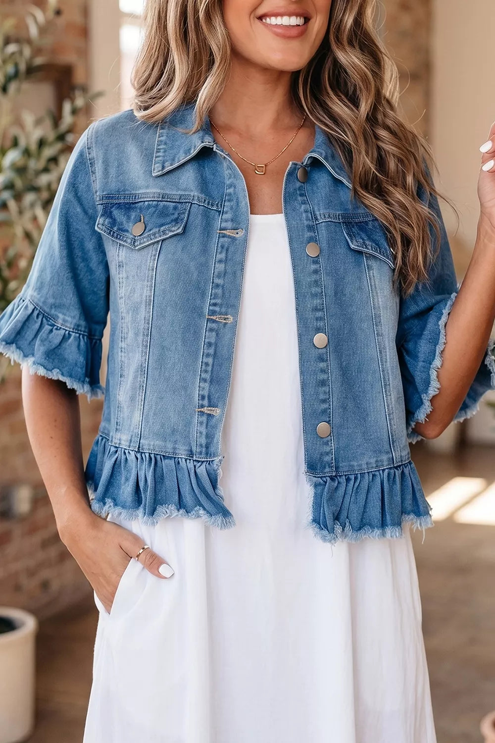 Ruffle Hem Raw Edge Half Sleeve Western Denim Jacket in Dusty Blue, view 6