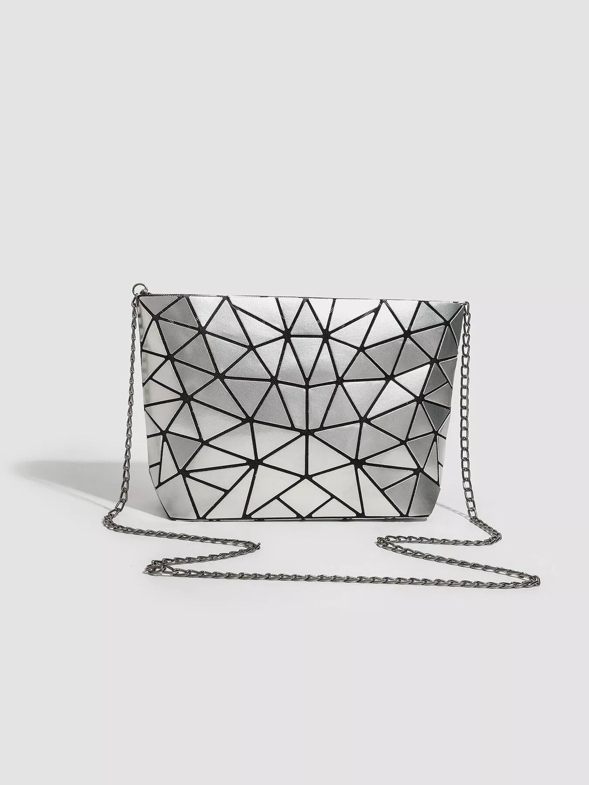 Geometric Metallic Crossbody Bag with Chain Strap in Silver