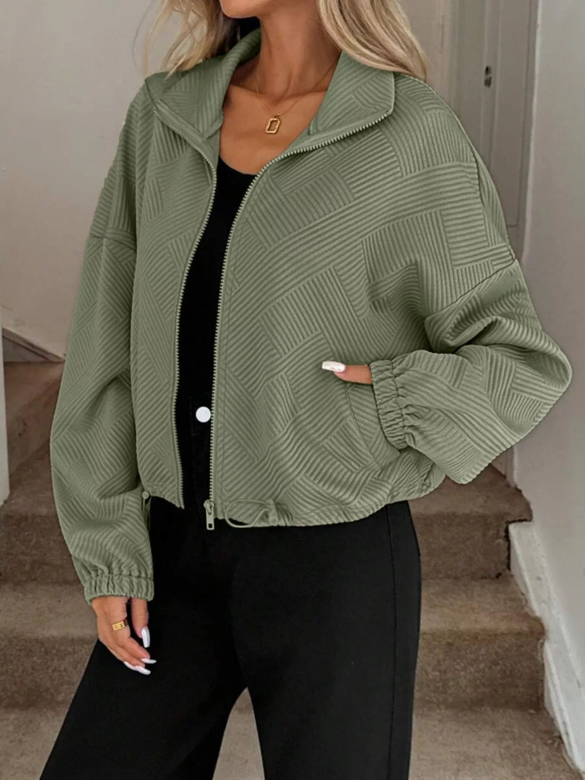 Textured Zip-Up Drawstring Hem Jacket, view 16