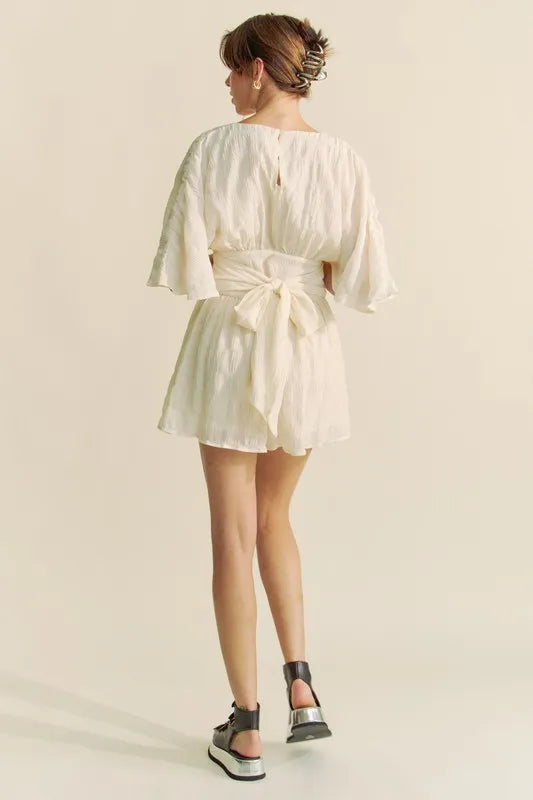 Davi & Dani Batwing Sleeve Waist Belt Romper - Lilixa.store