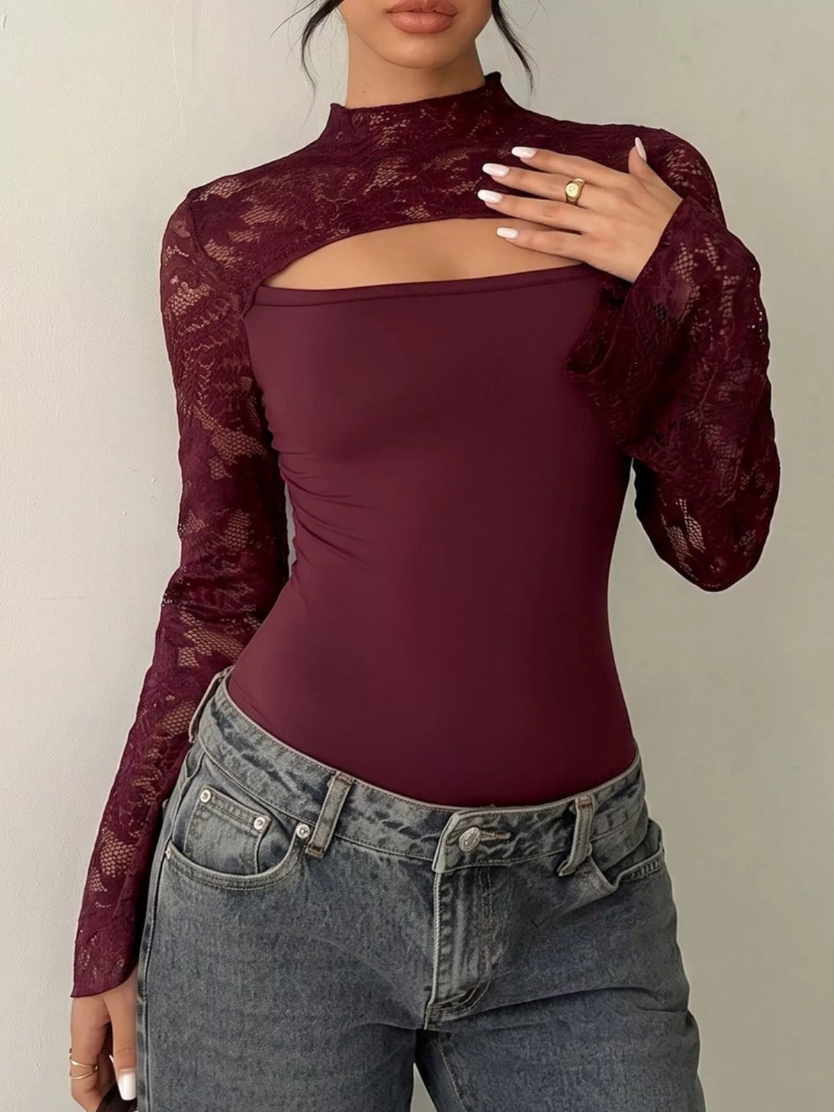 Lace Cut-out Flare Sleeve Bodysuit - Lilixa.store