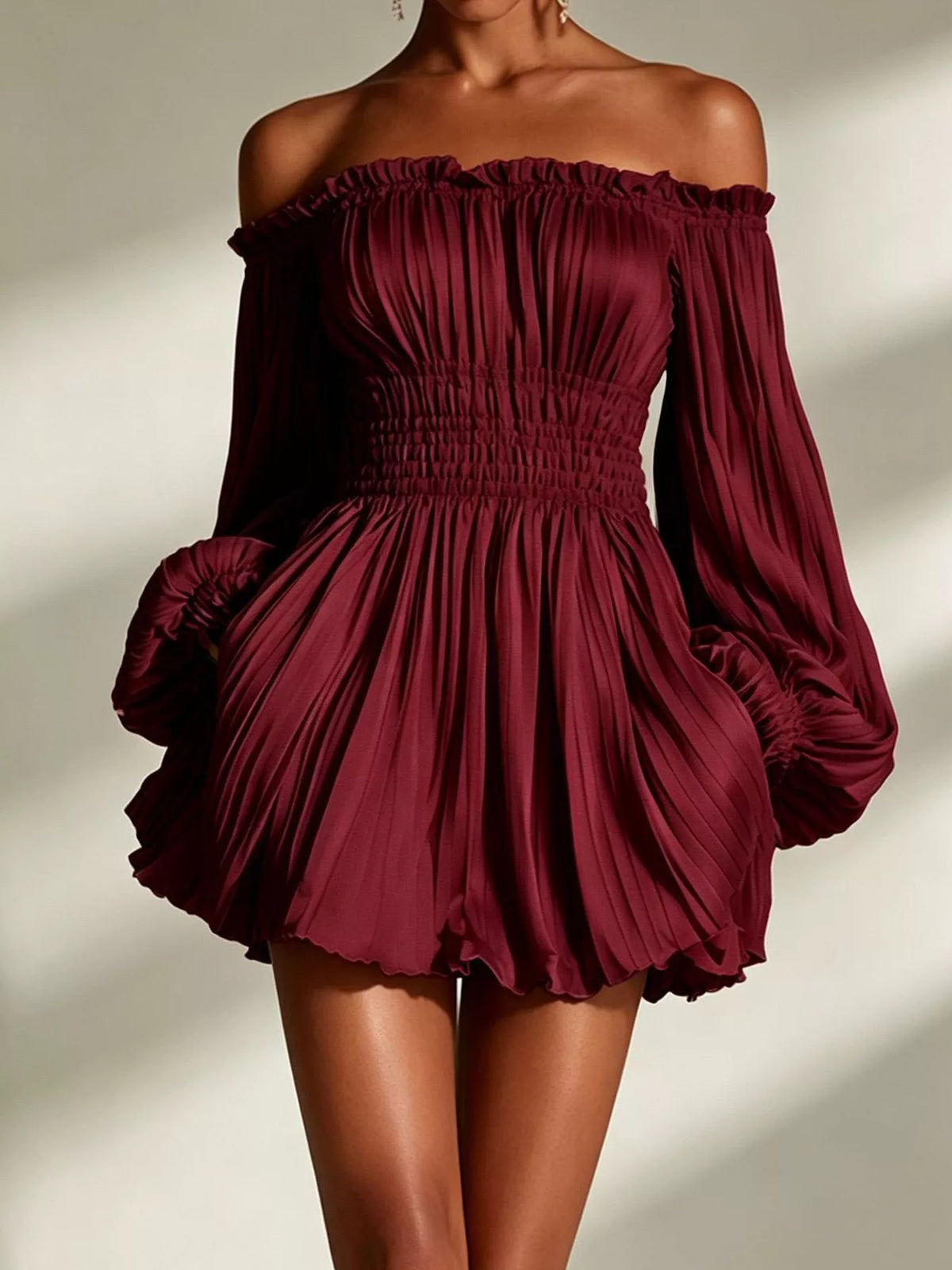 Off-Shoulder Pleated Mini Dress - Lilixa.store