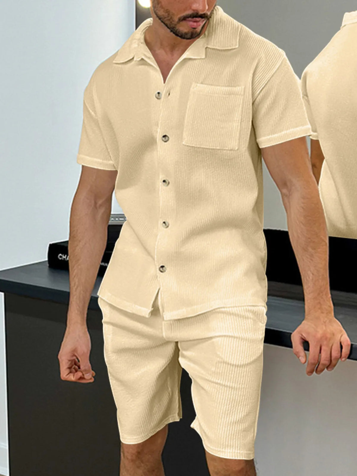 Men's Full Size Button Up Top and Shorts Set Plus Size in Khaki