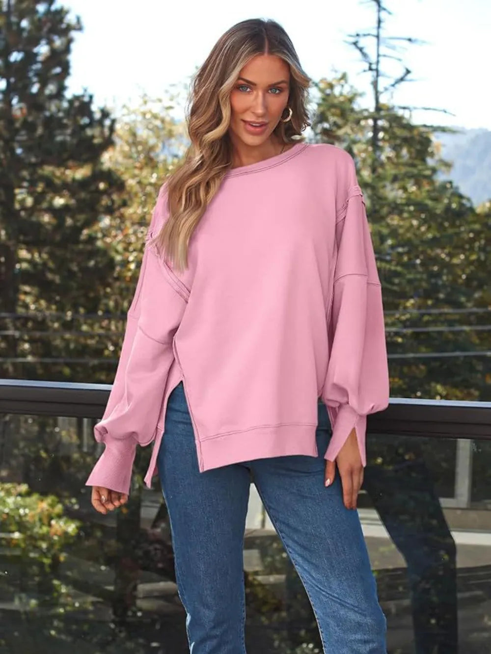 Slit Round Neck Long Sleeve Sweatshirt - Lilixa.store