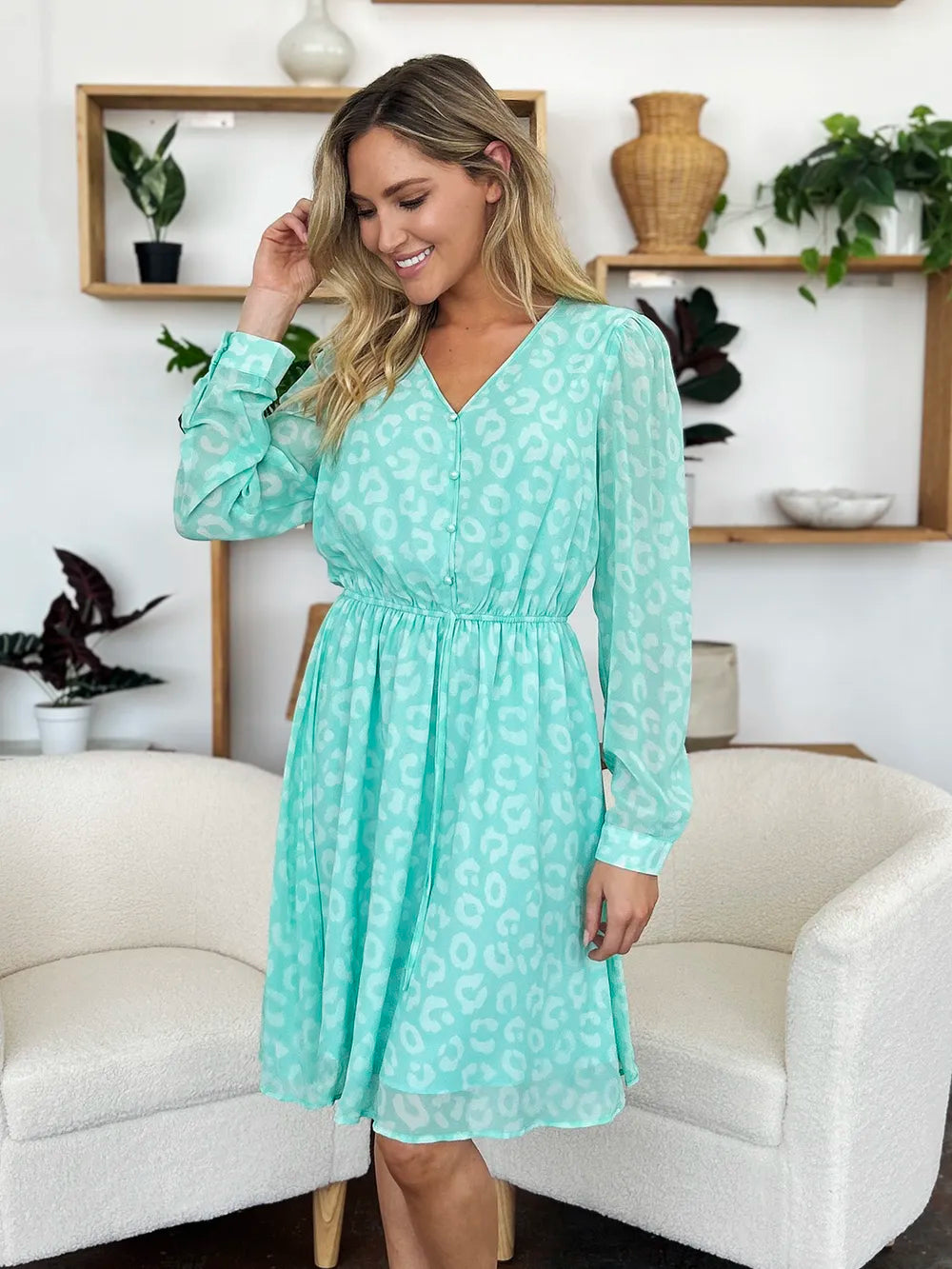 Double Take Full Size Printed Ruched V-Neck Long Sleeve Dress - Lilixa.store