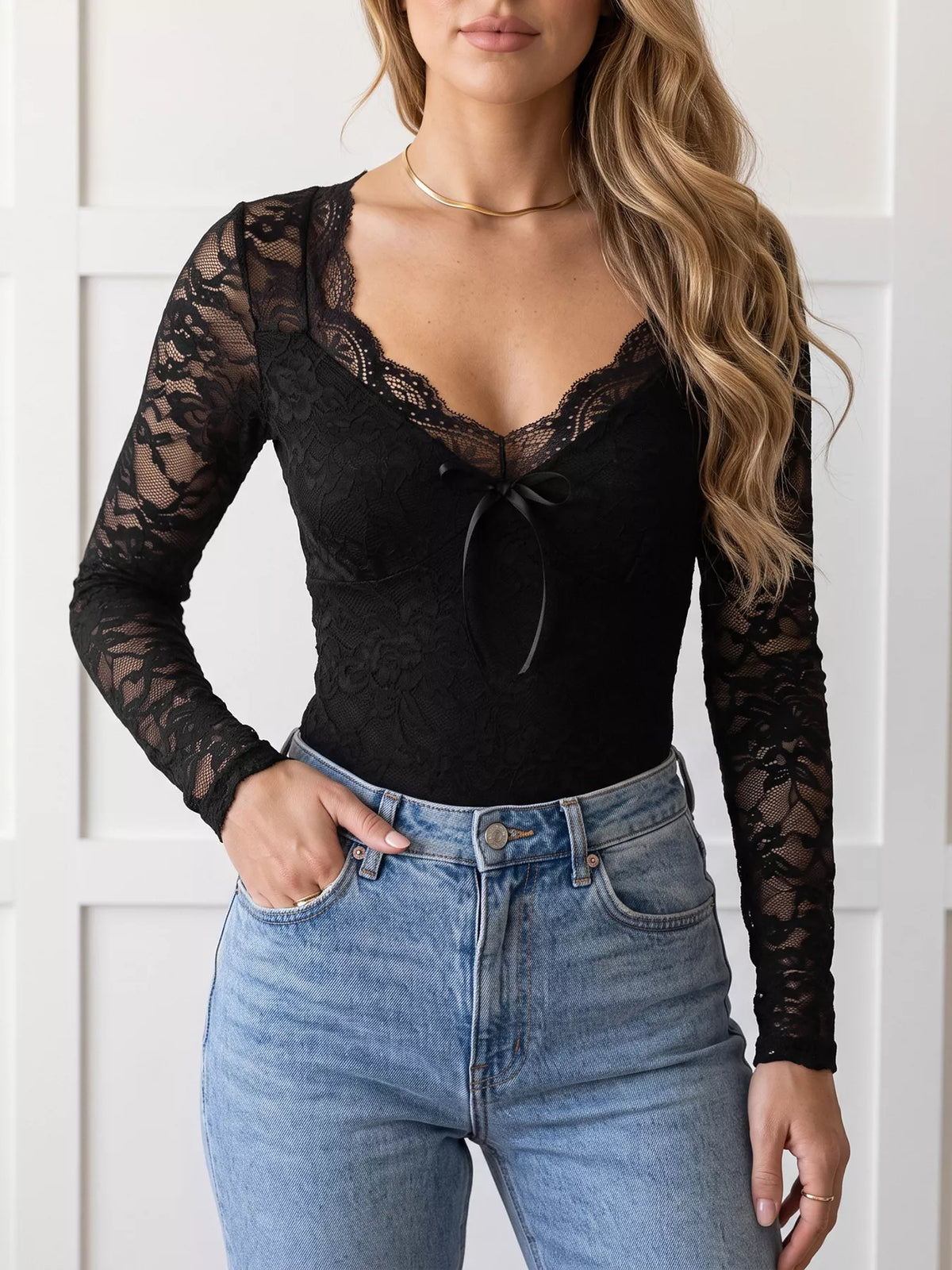 Lace Long Sleeve Bodysuit with Bow Detail - Lilixa.store