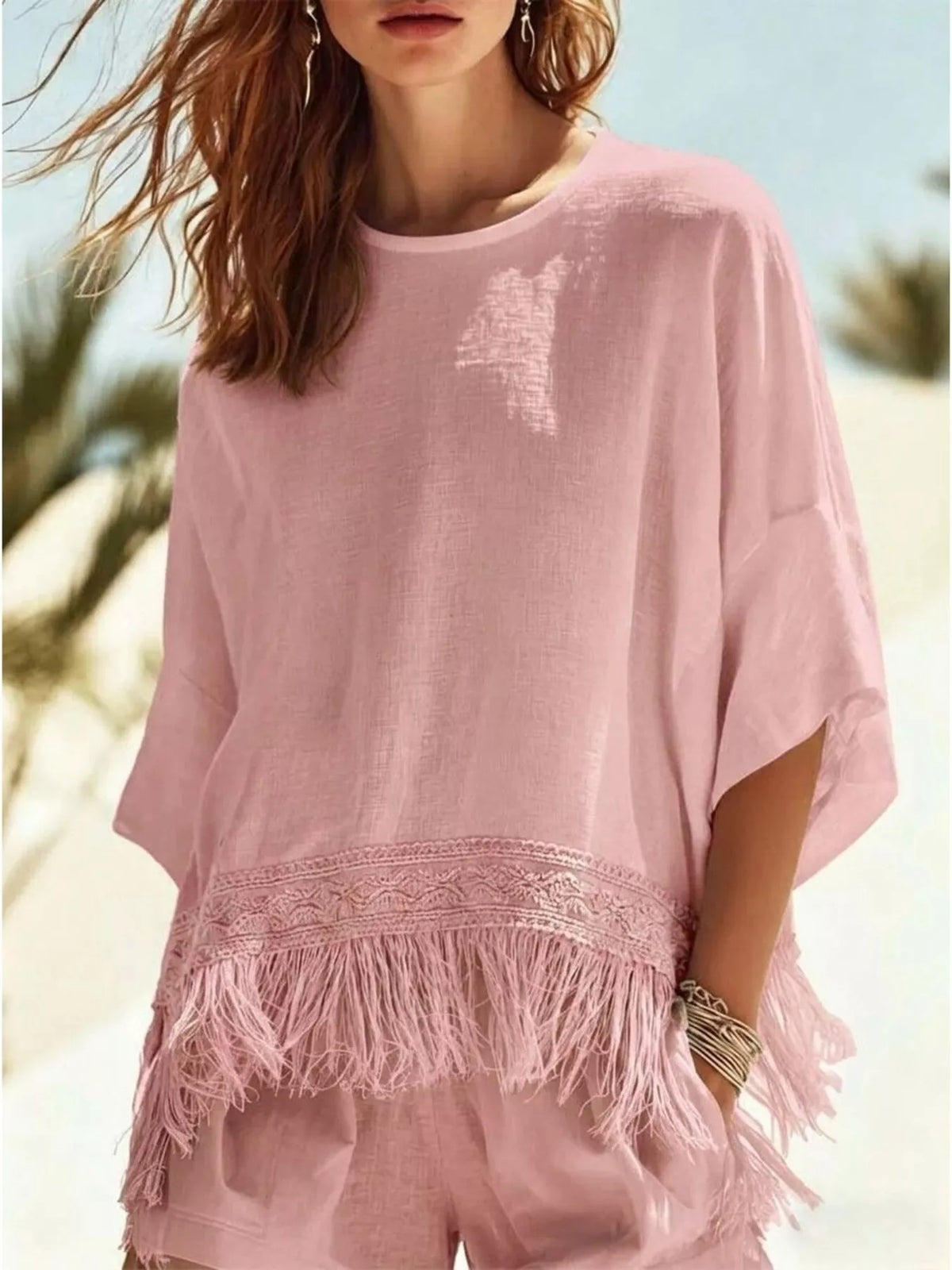 Fringed 3/4 Sleeve Blouse in Pink