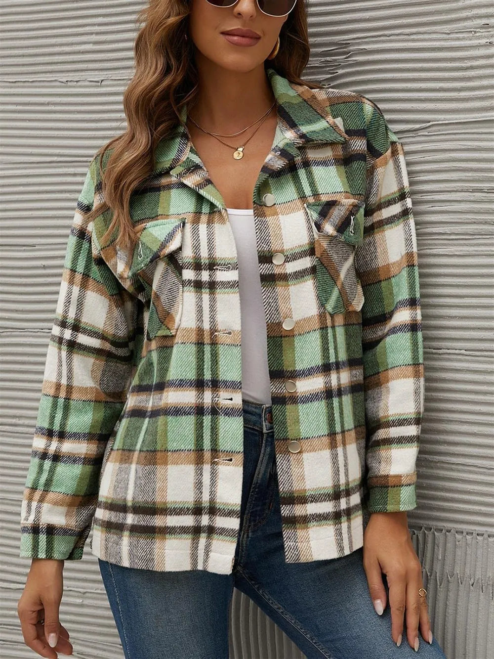 Plaid Collared Neck Long Sleeve Jacket in Green