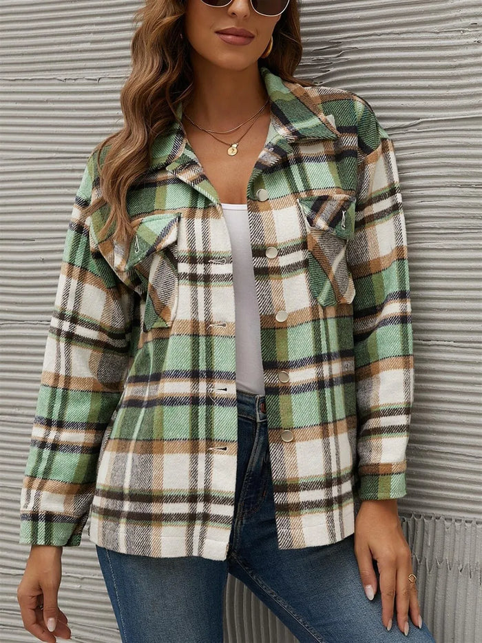 Plaid Collared Neck Long Sleeve Jacket in Green