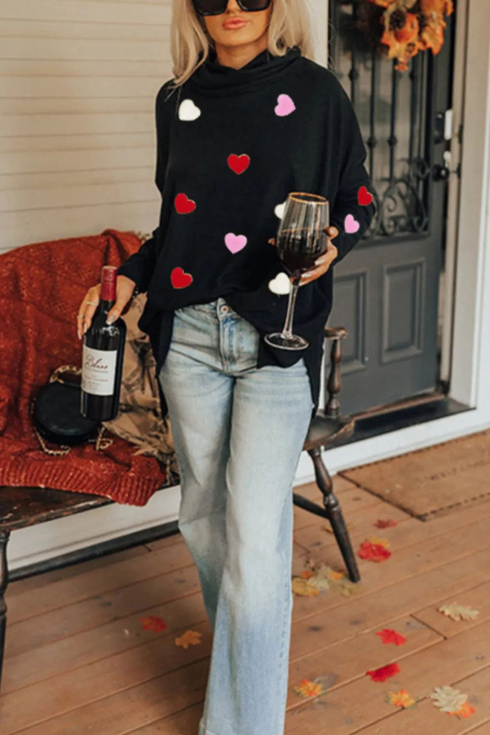 Valentine’s Day Heart Patched Turtleneck Long Sleeve Top - Lilixa.store