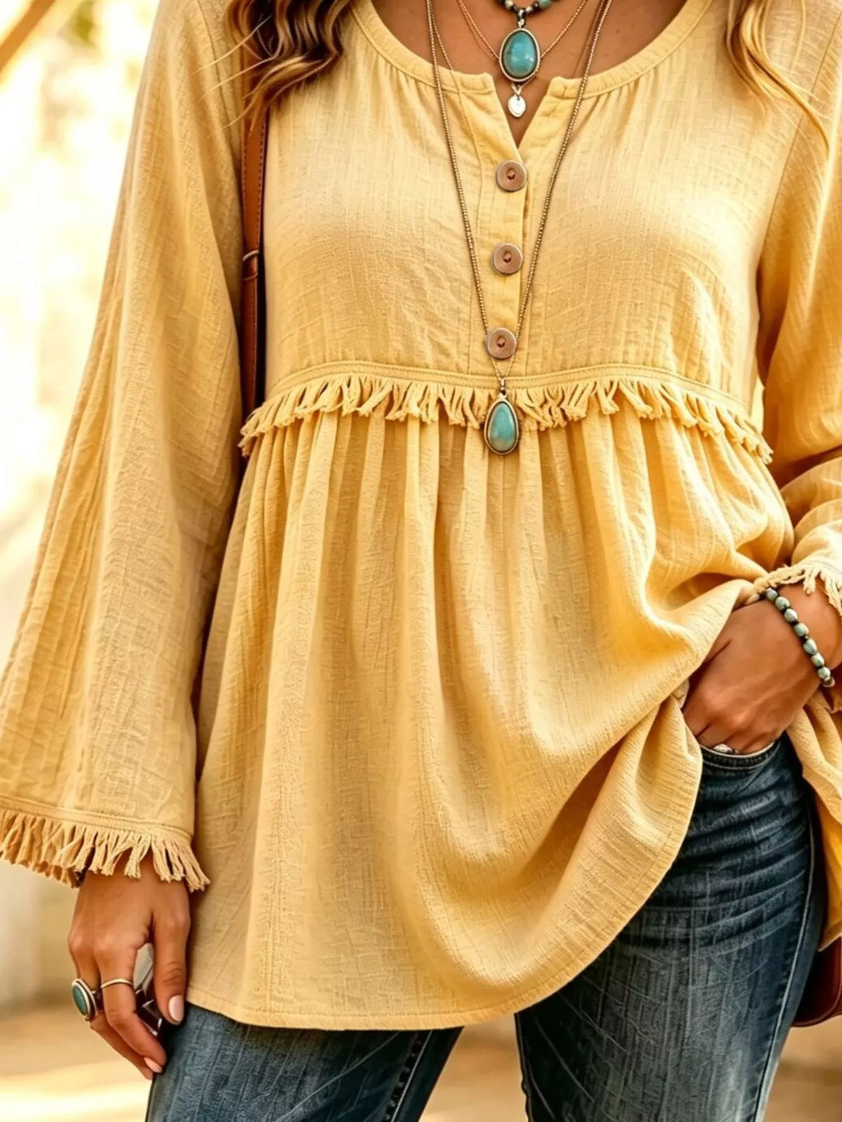 Button-Down Detail Fringed Hem Blouse, view 3