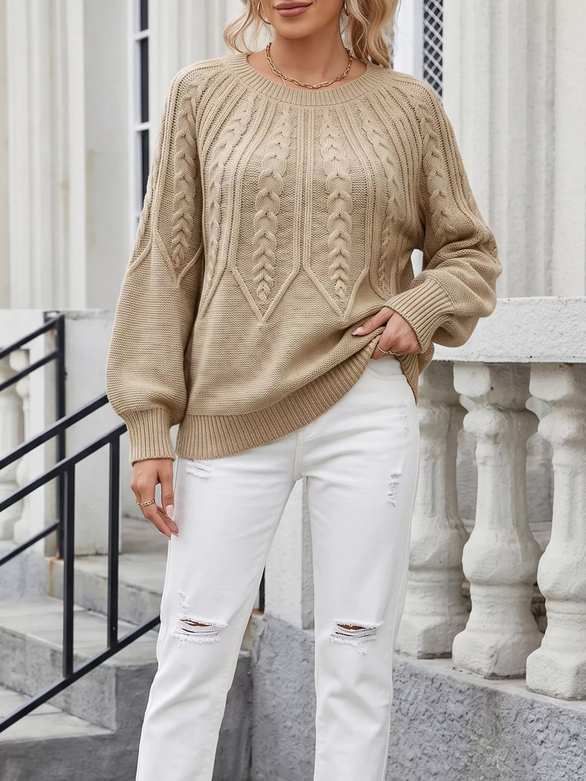 Cable-Knit Round Neck Sweater