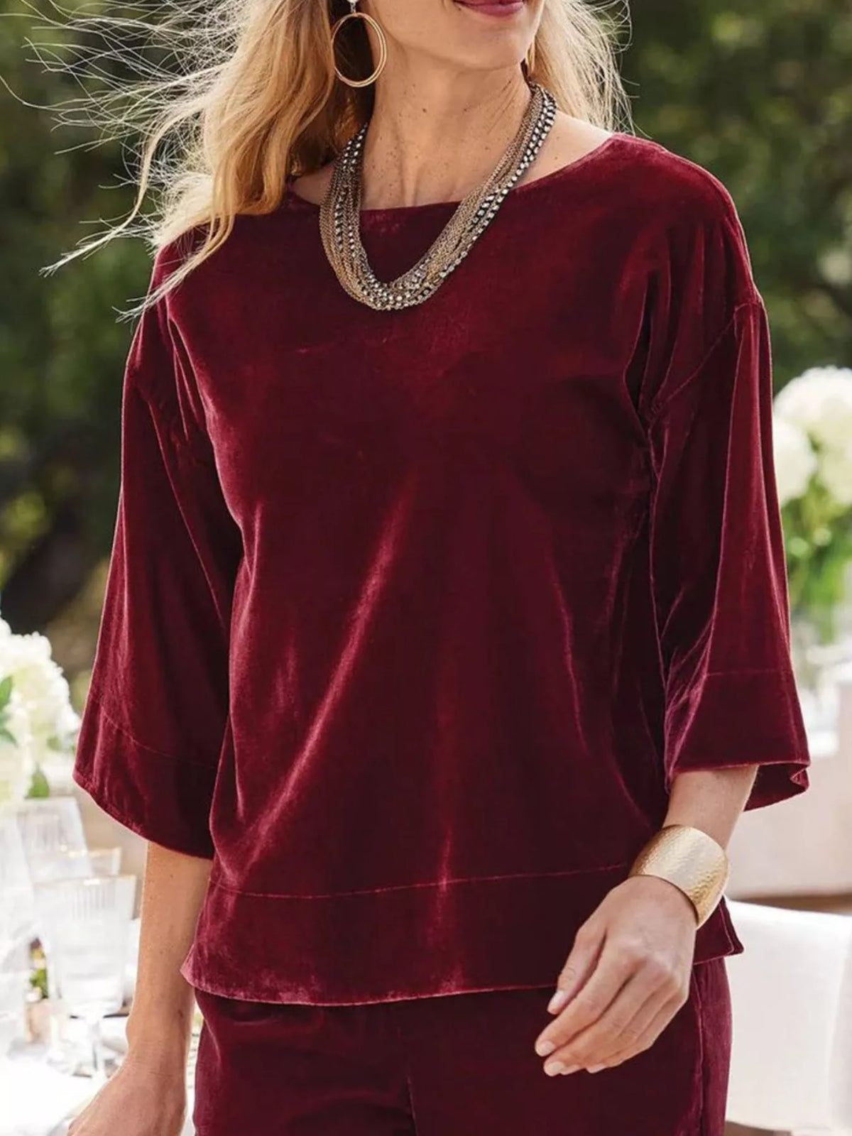 Velvet Boat-Neck T-Shirt with Three-Quarter Sleeves