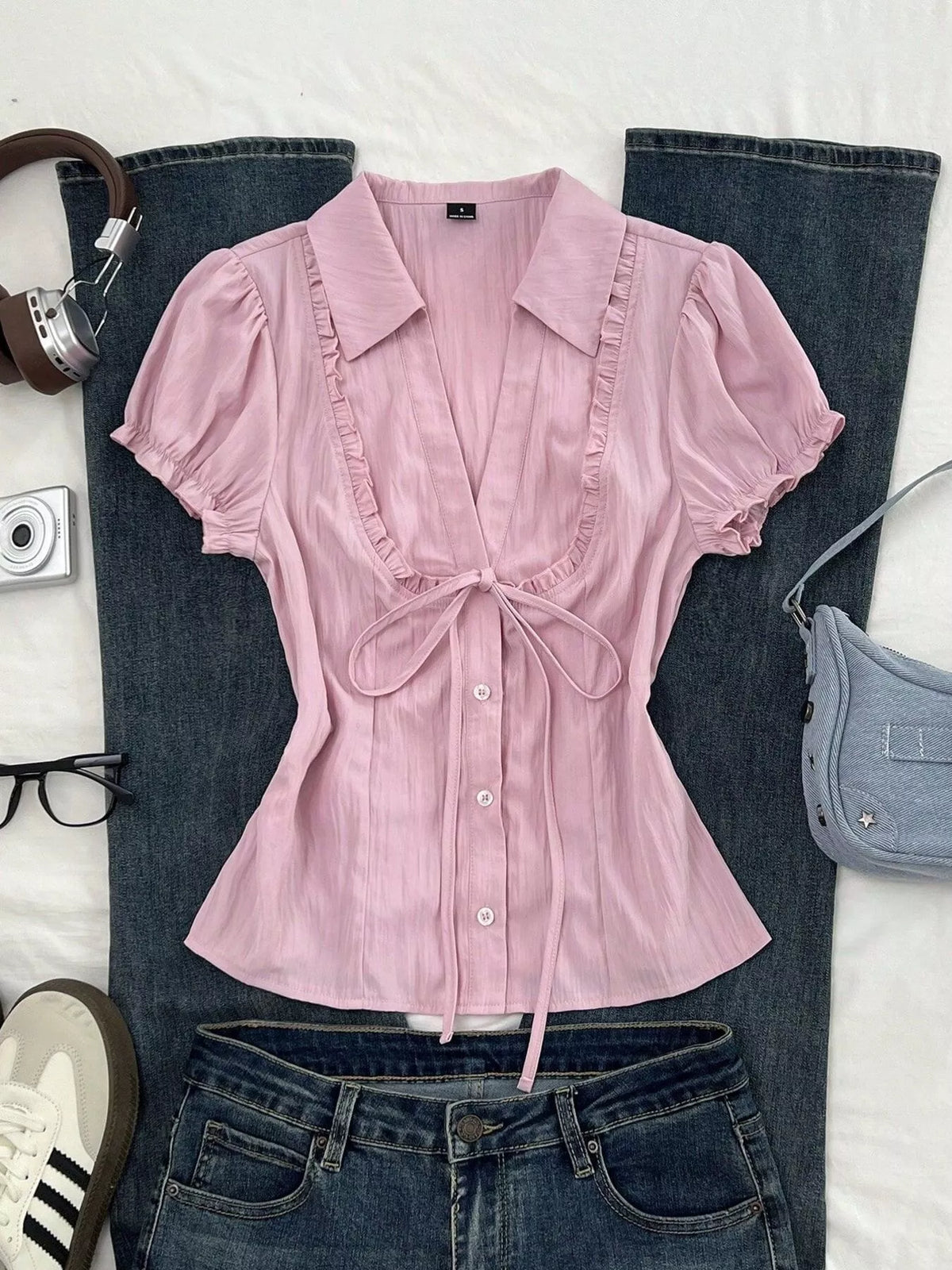 Frill Button Up Short Sleeve Shirt in Pink, view 2