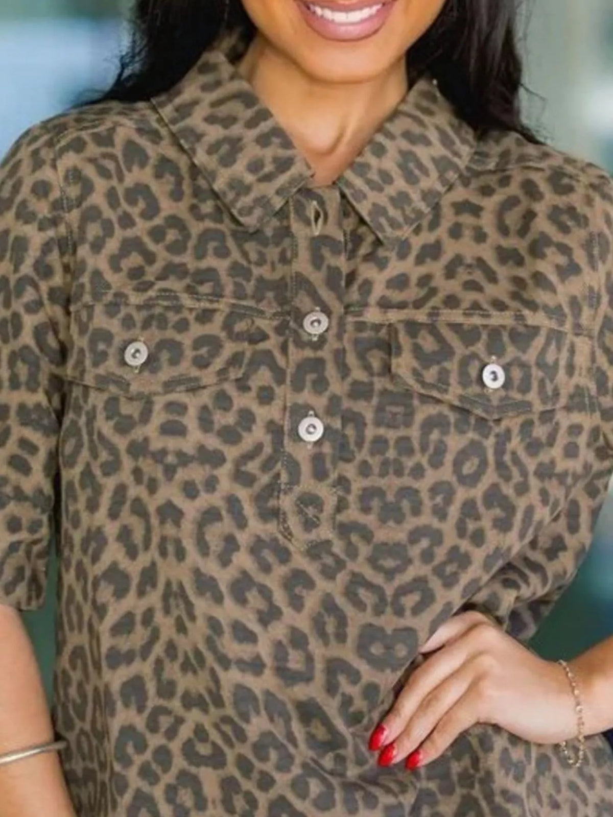 Leopard Print Short Sleeve Denim Dress
