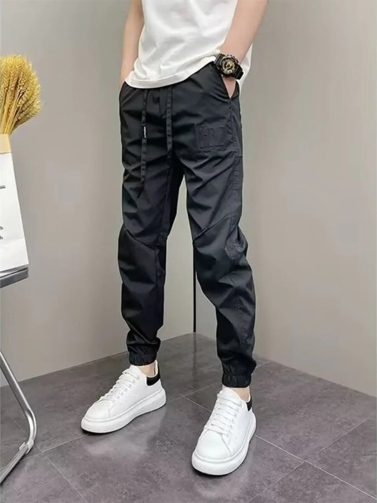 Men's Plus Size Casual Drawstring Ankle-Cuffed Pants in Black