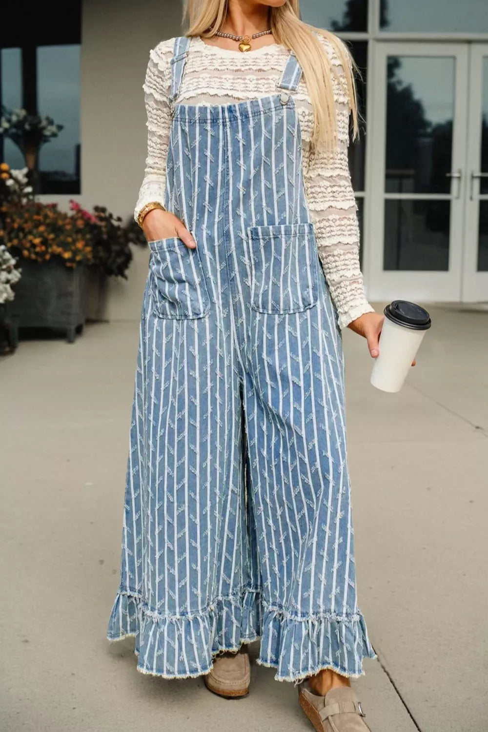 Striped Distressed Ruffled Wide Leg Denim Overalls in Light Blue