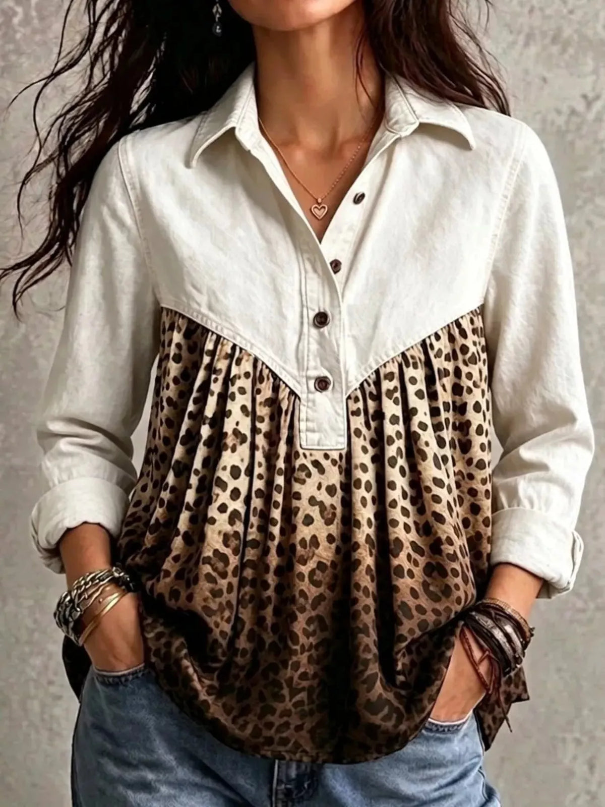 Full Size Leopard Button Detail Blouse Plus Size - Lilixa.store