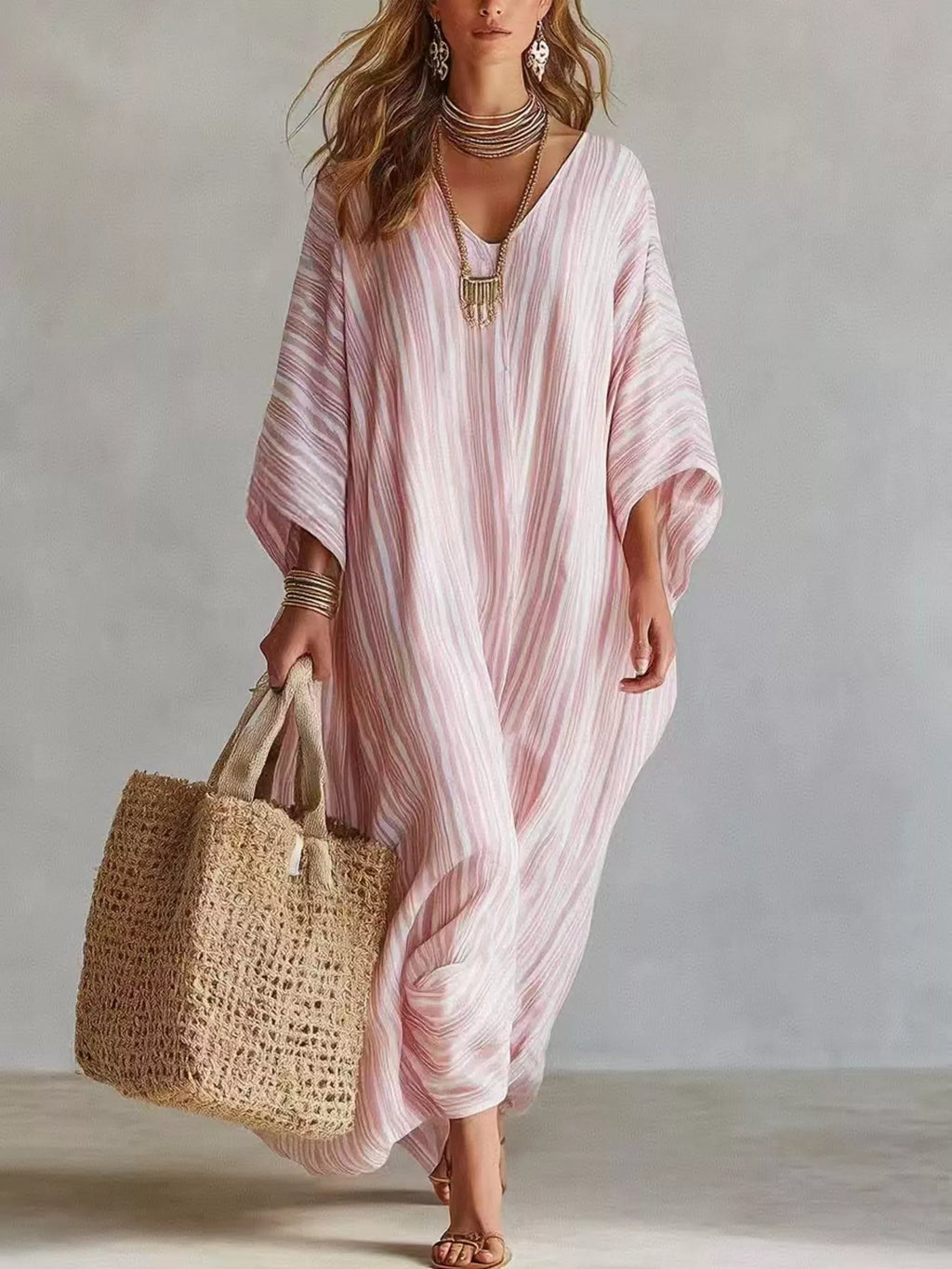 Striped V-Neck Maxi Dress - Lilixa.store