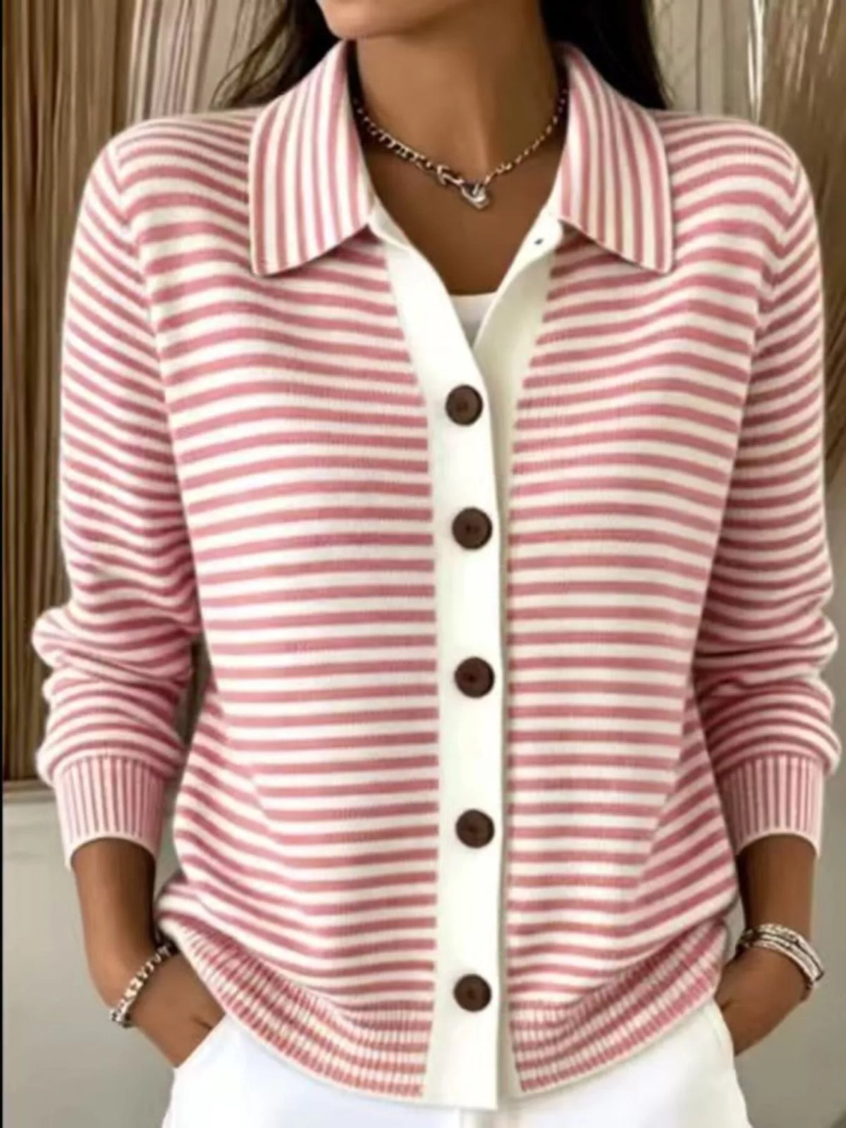 Striped Collared Button-Down Knit Cardigan - Lilixa.store