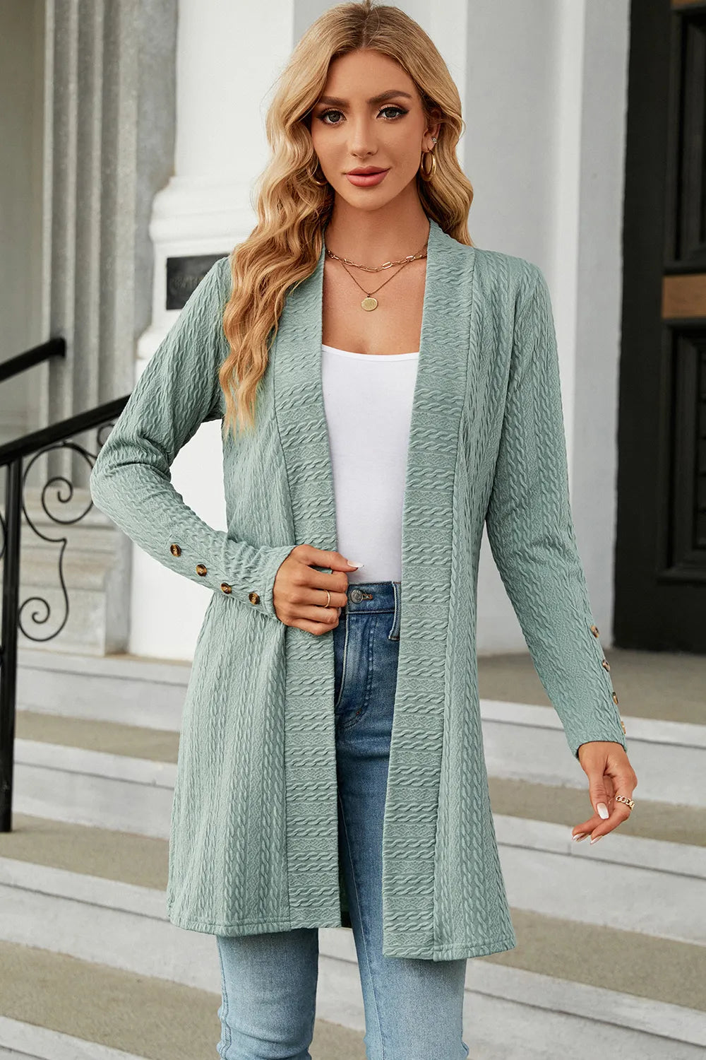 Open Front Long Sleeve Cardigan in Light Green