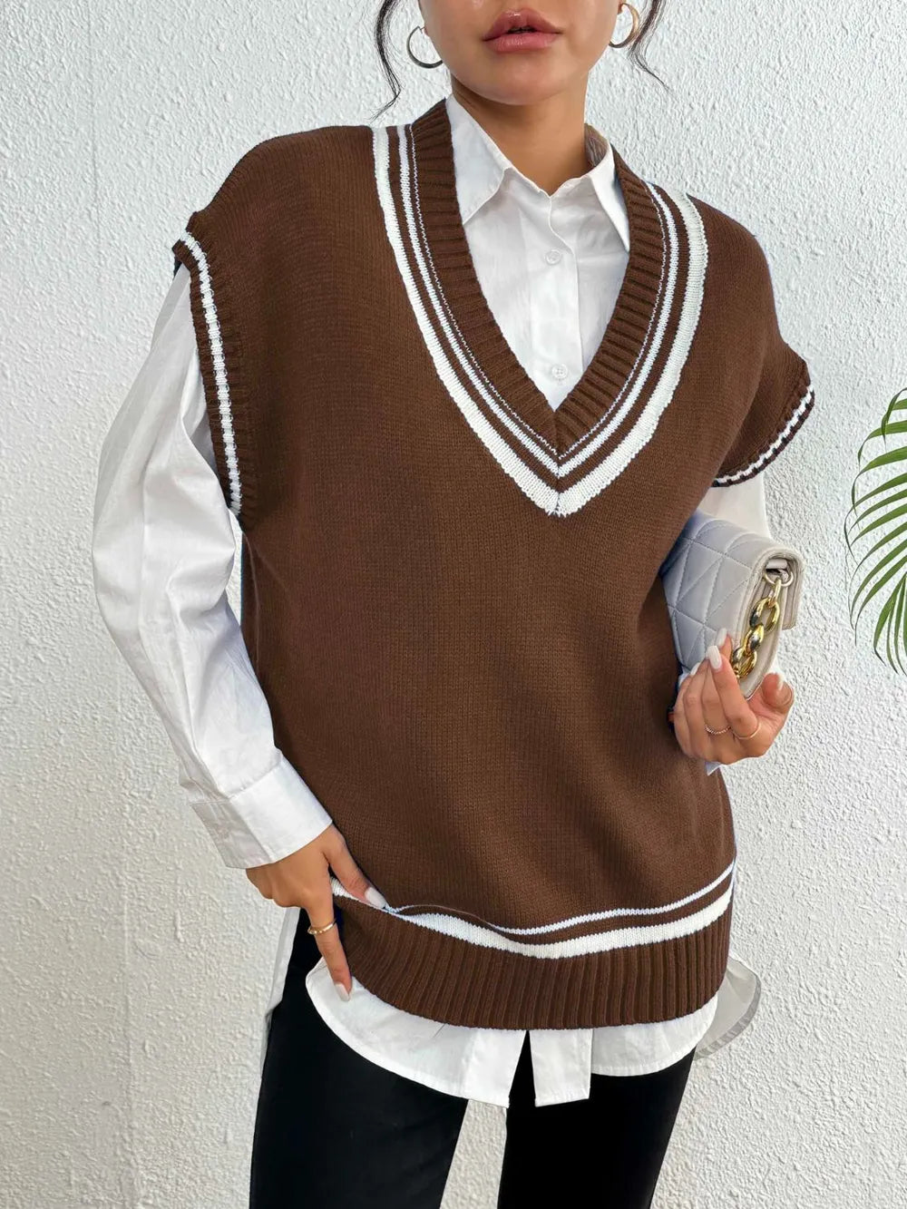Contrast Trim V-Neck Sweater Vest in Chocolate