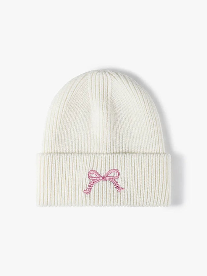 Embroidered Bow Knit Hat in White