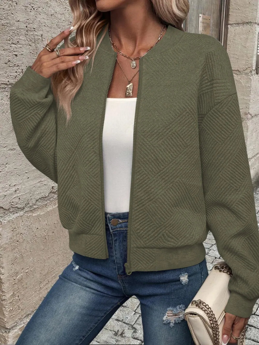 Textured Zip Up Long Sleeve Jacket, view 18