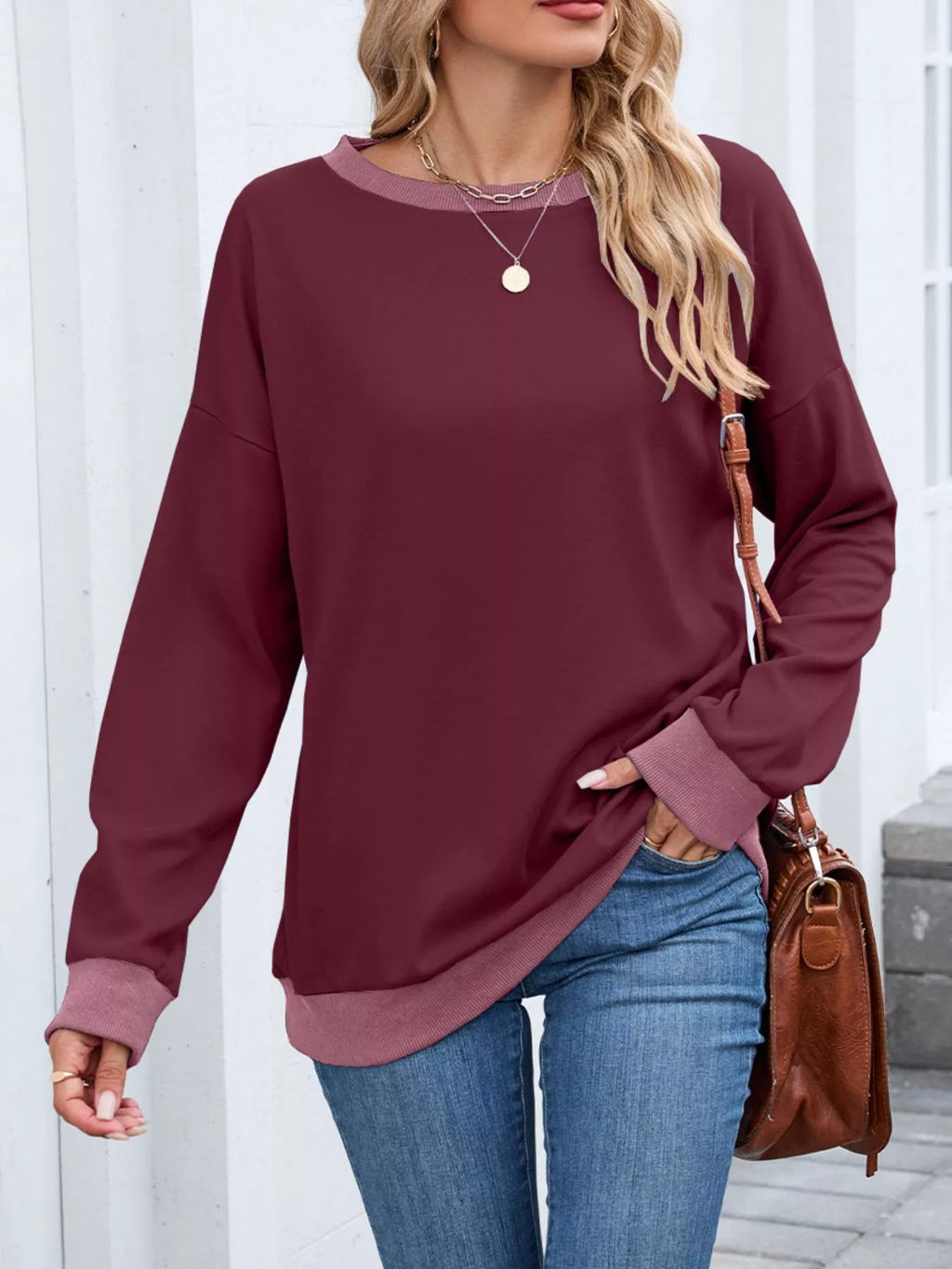 Contrast Trim Long Sleeve Sweatshirt - Lilixa.store