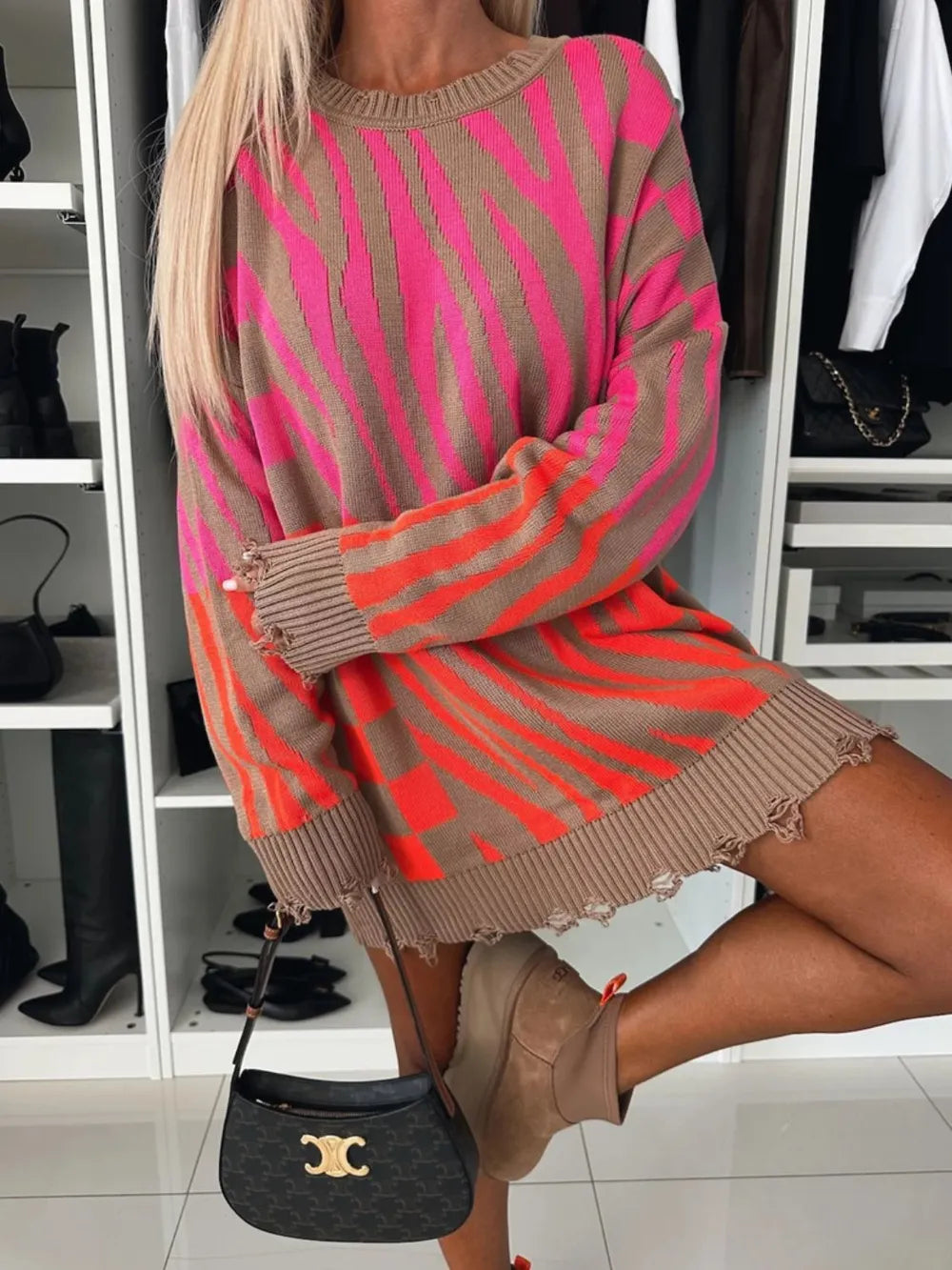 Contrast Round Neck Long Sleeve Oversize Sweater in Orange-Red