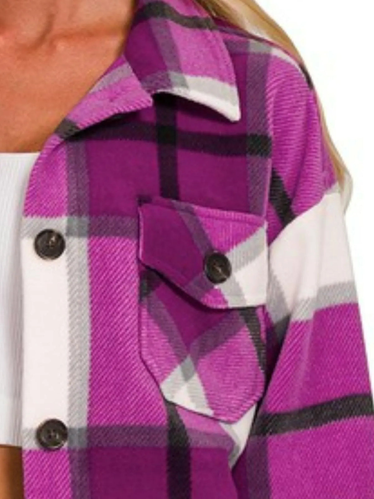 Zenana Oversized Plaid Fleece Shacket, view 3