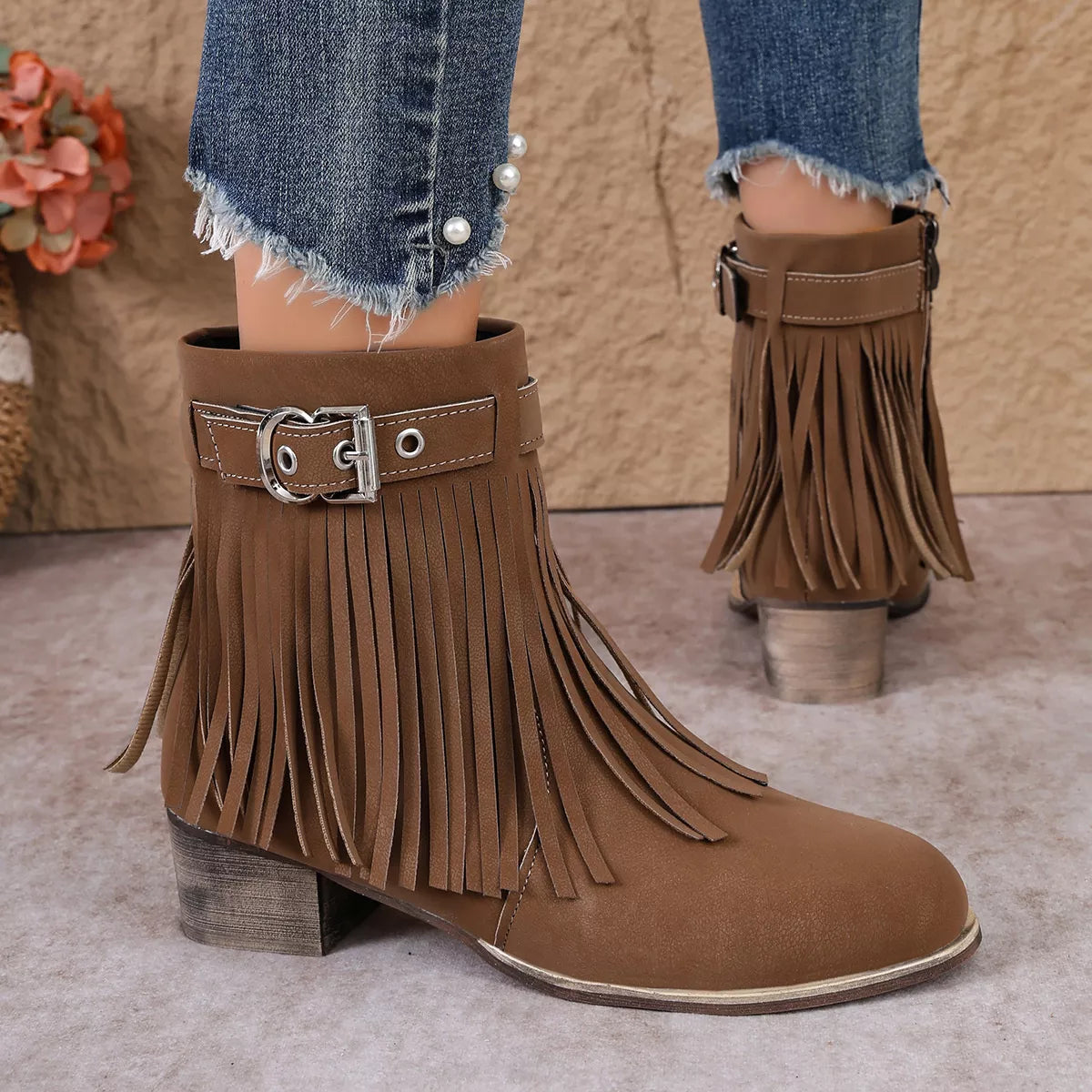 Fringe Ankle Boots with Buckle Detail