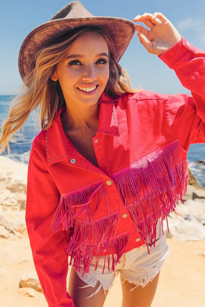 BiBi Rhinestone Fringe with Studed Collar Jacket in Fuchsia, view 6