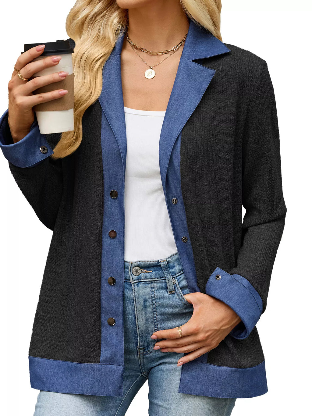 Contrast Denim Lapel Collar Outerwear - Lilixa.store
