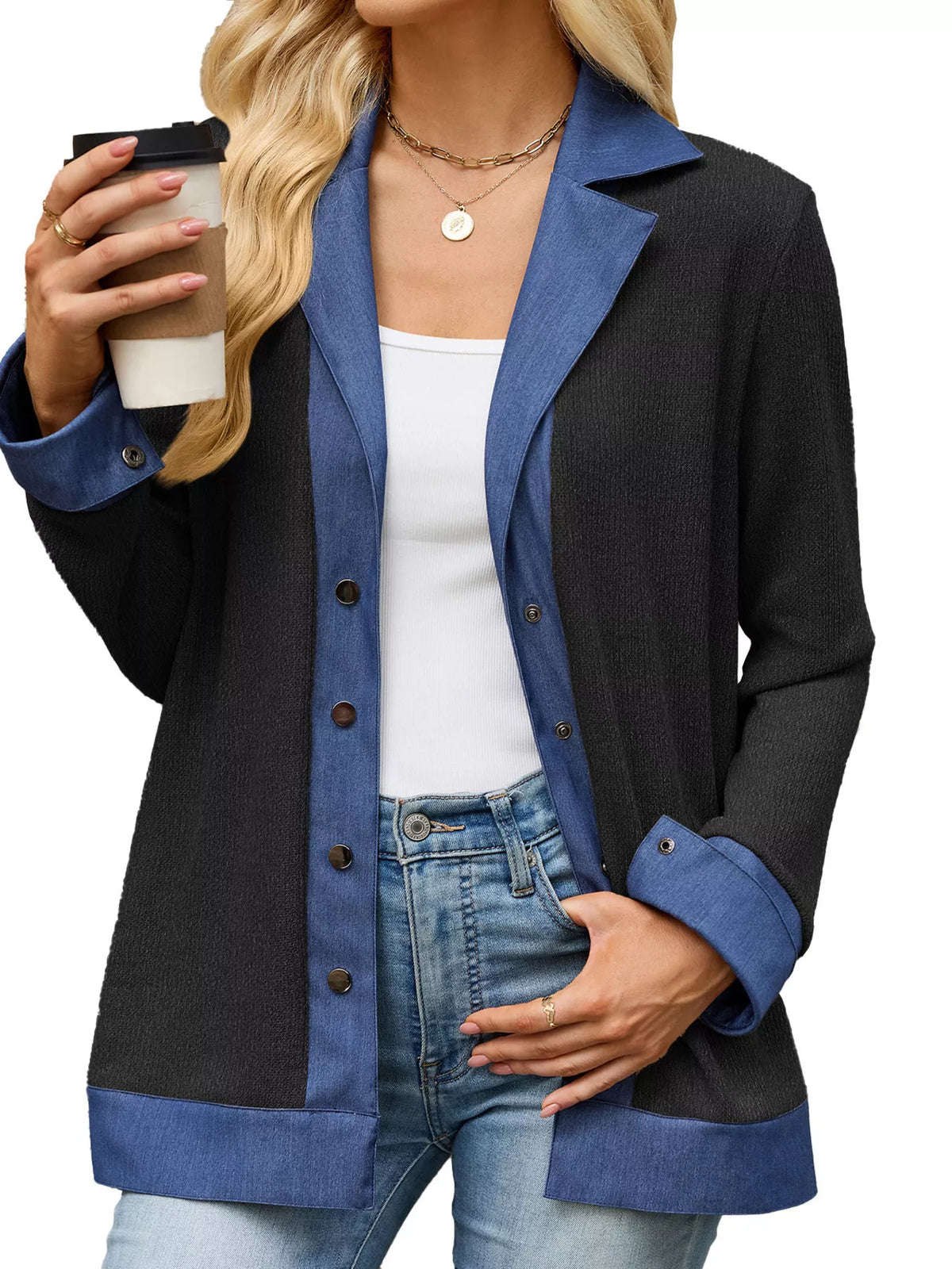 Contrast Denim Lapel Collar Outerwear - Lilixa.store