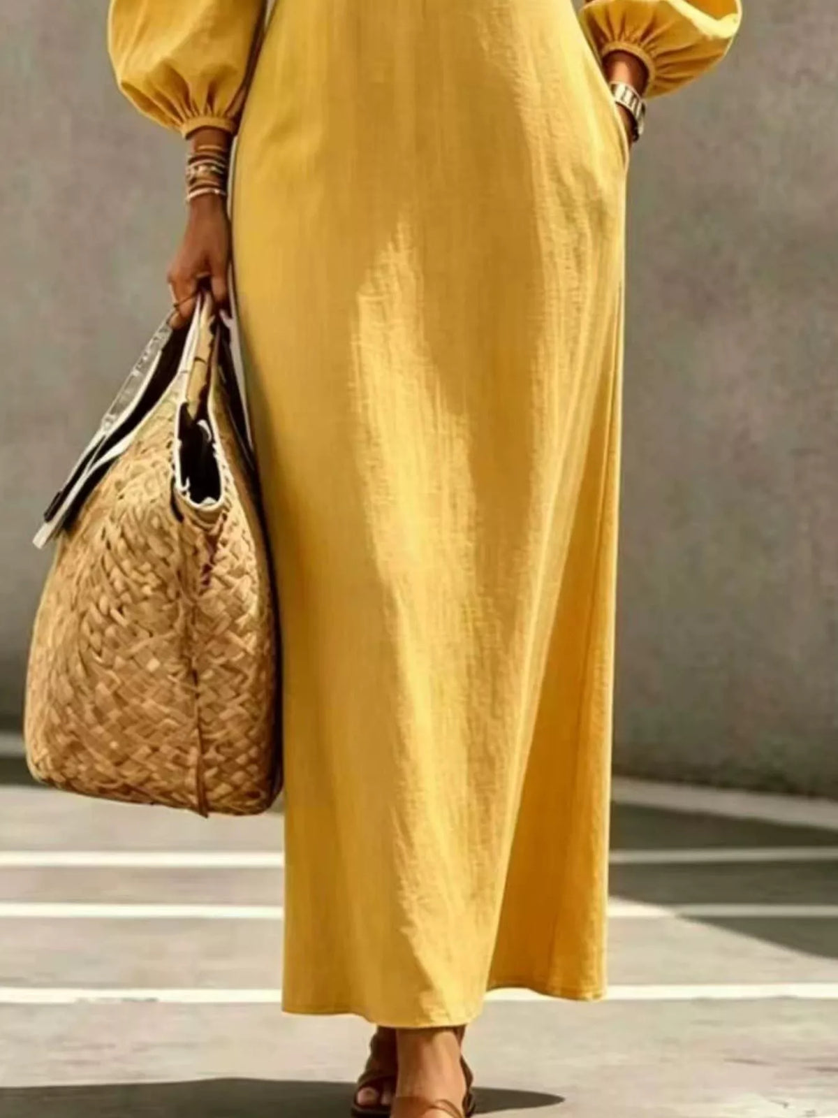 Decorative Button Balloon Sleeve Maxi Dress - Lilixa.store