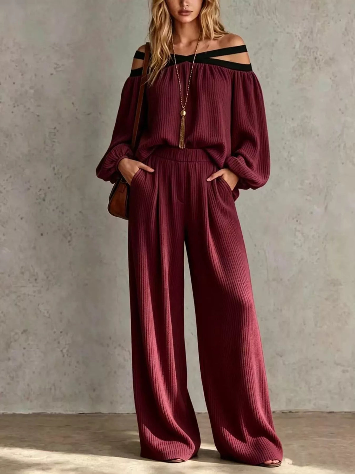 Off-Shoulder Crisscross Cutout Ribbed Knit Top and Wide-Leg Pants Set in Burgundy