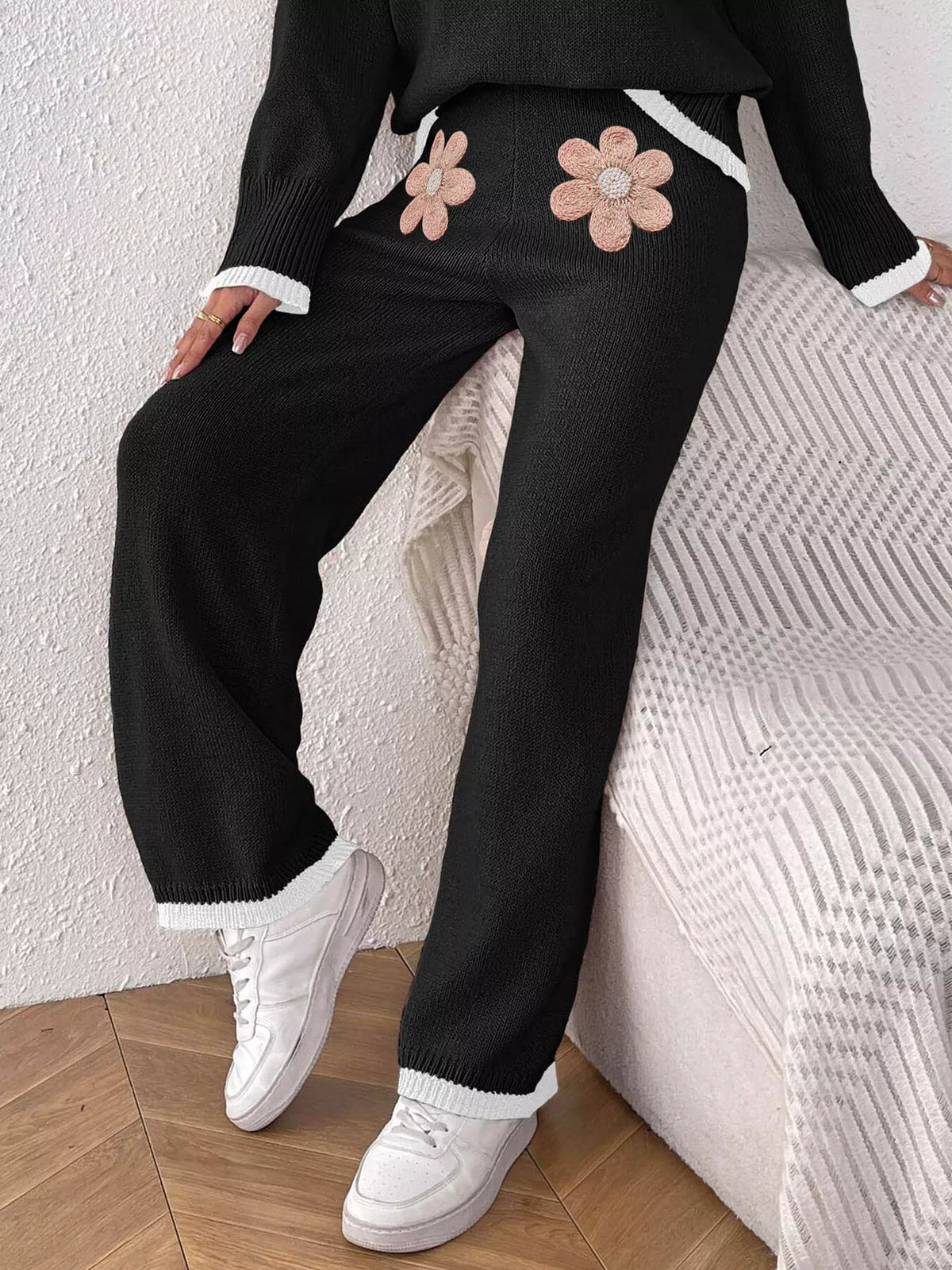 Floral Applique High-Waisted Wide-Leg Sweater Pants