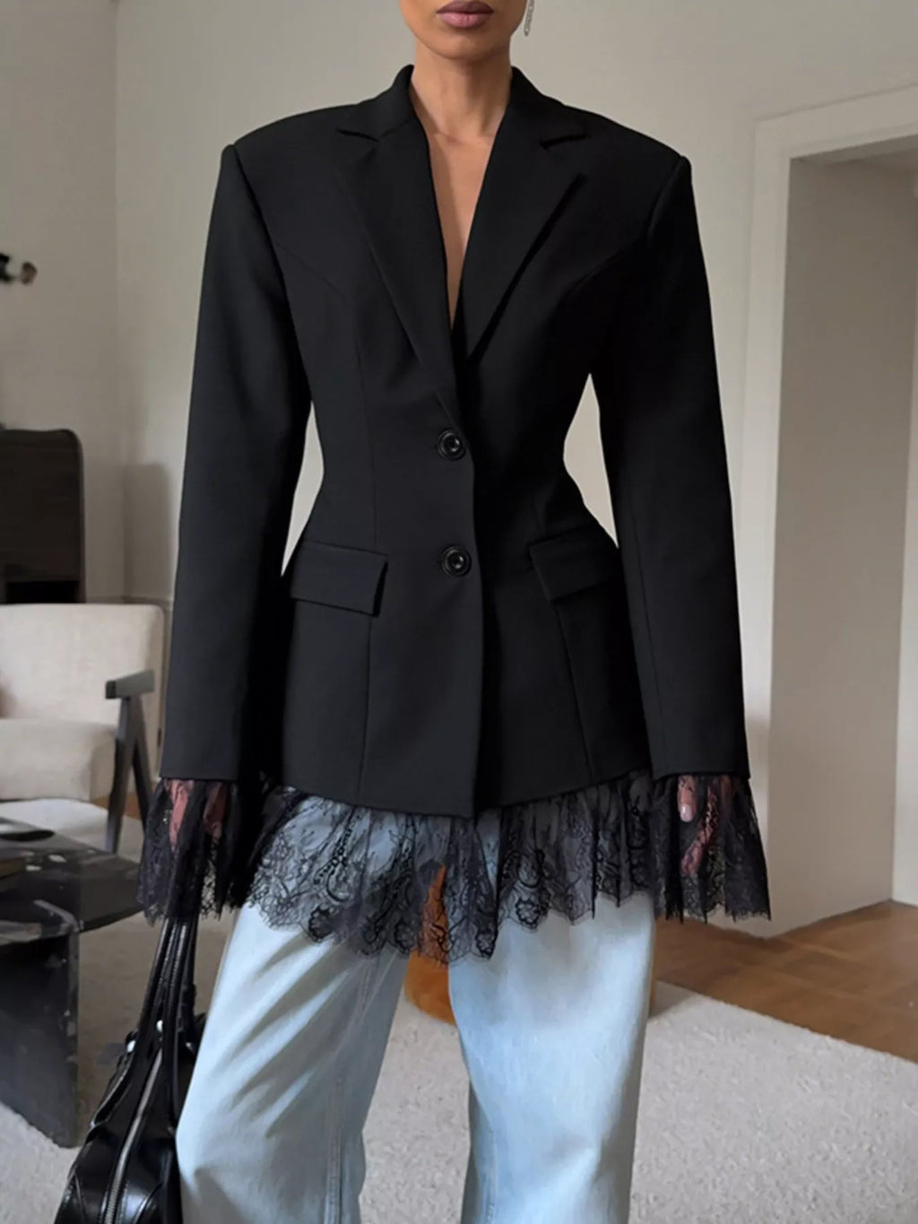 Lace Hem Lapel Collar Blazer - Lilixa.store