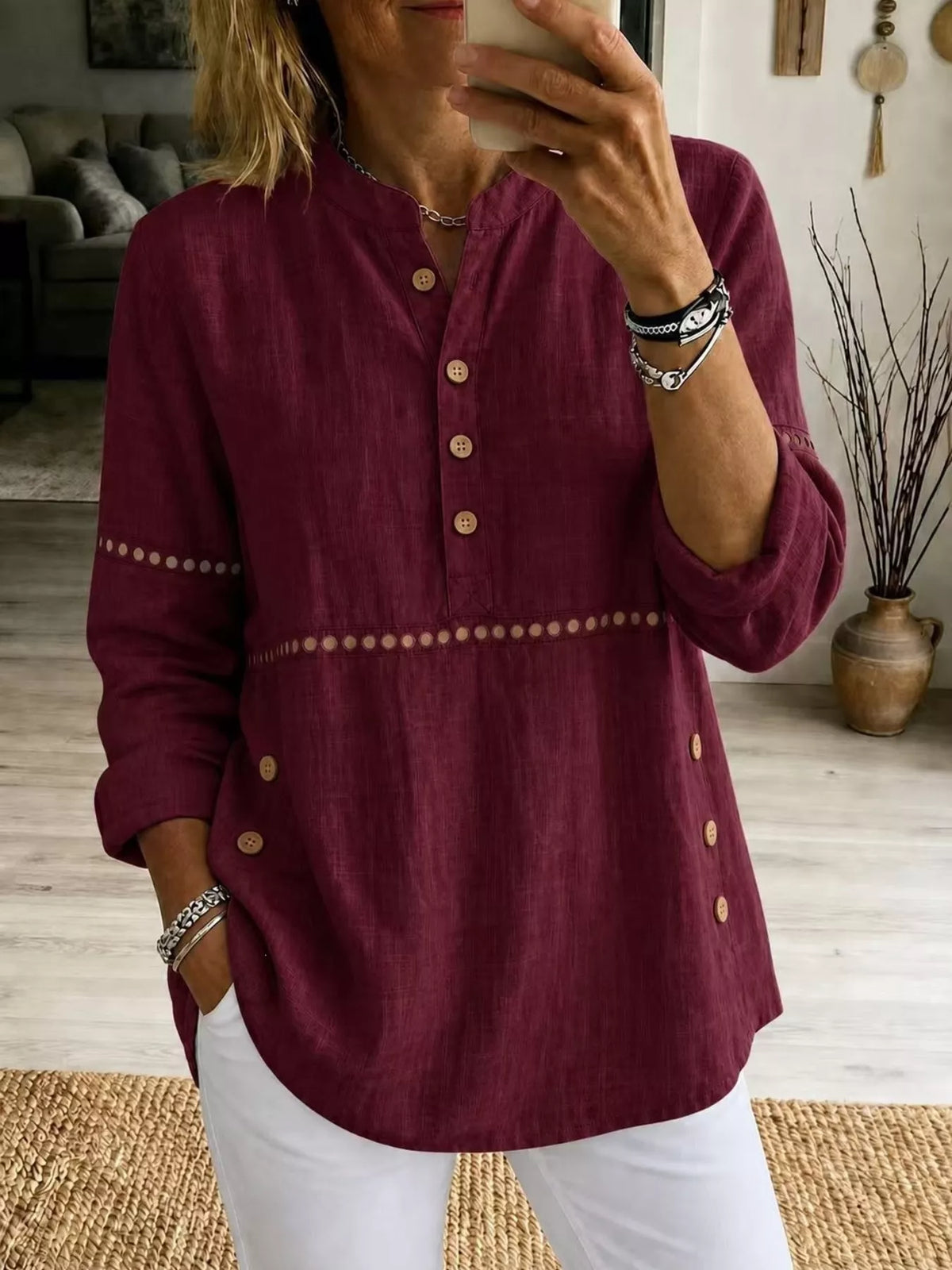 Full Size Button Detail Eyelet Long Sleeve Blouse Plus Size in Burgundy