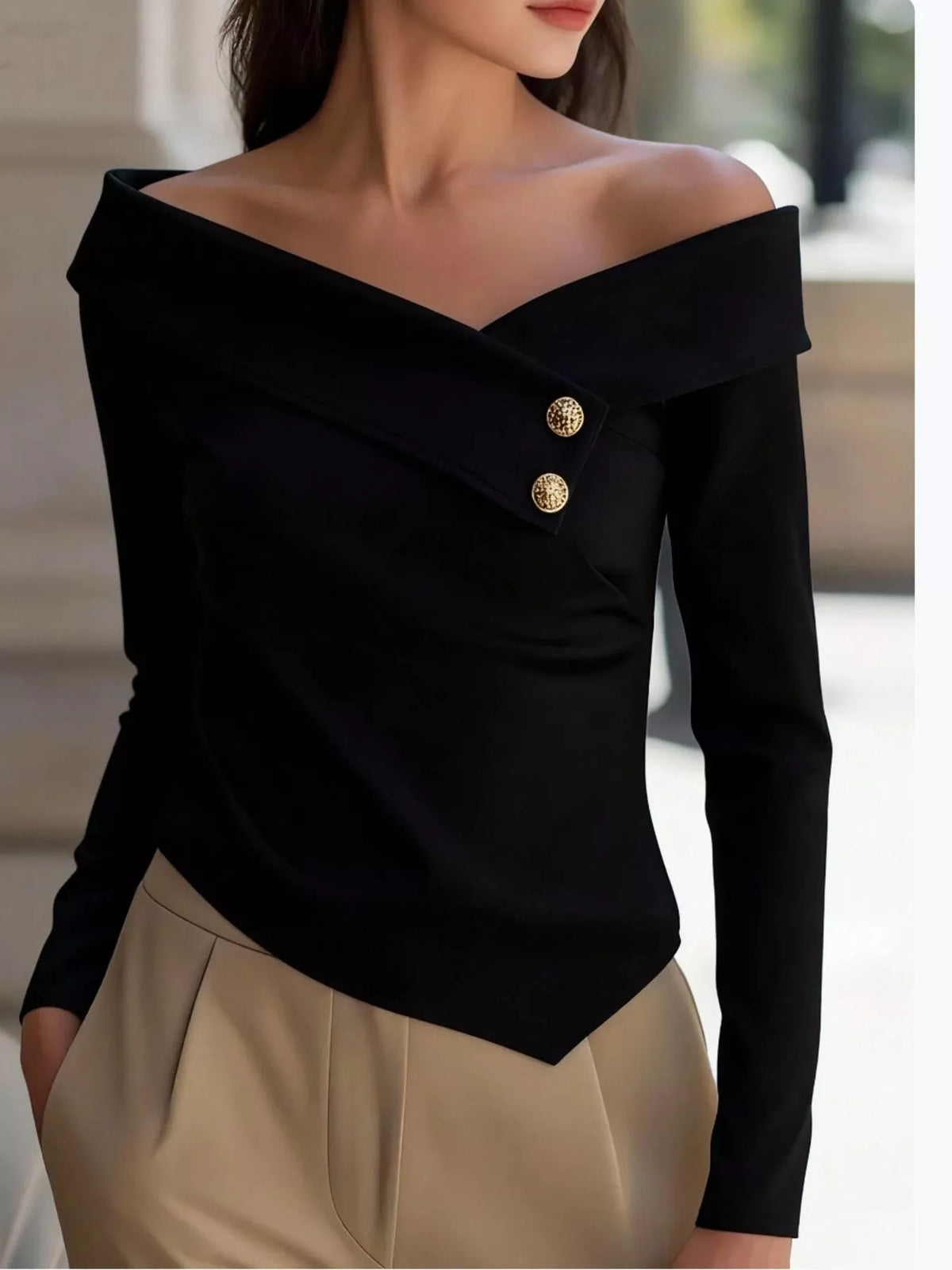 Elegant Off-the-Shoulder Blouse with Decorative Buttons in Black