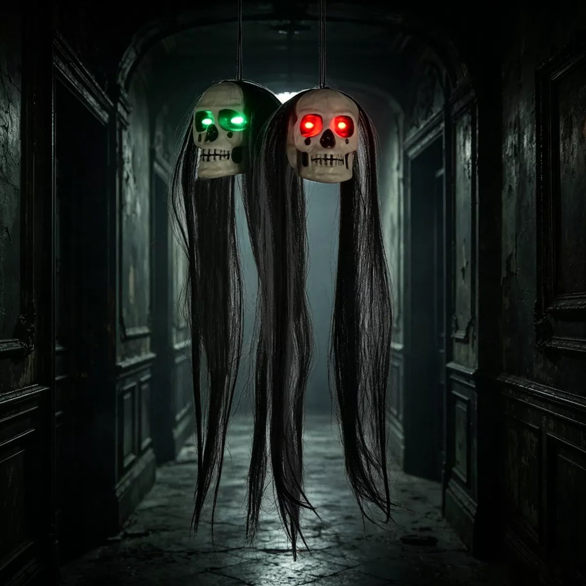 Halloween Hanging Dual-Skull with Glowing Eyes and Long Hair - Lilixa.store