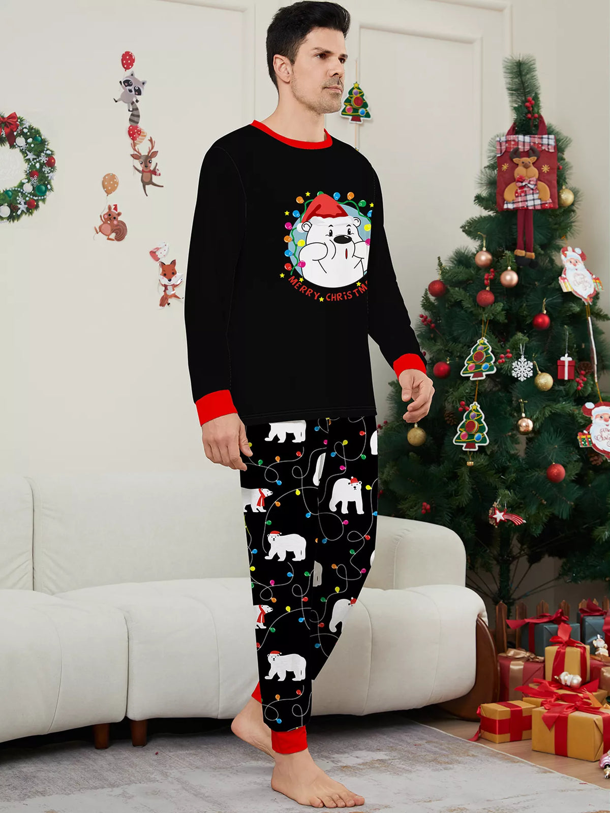 Full Size Family Matching Christmas Pajamas Set with Polar Bear Print Plus Size