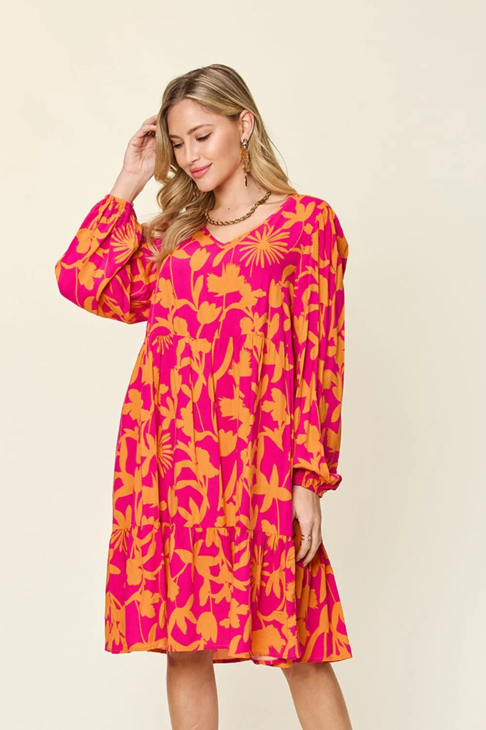 Double Take Full Size Printed Ruffle Hem Dress with Pocket - Lilixa.store